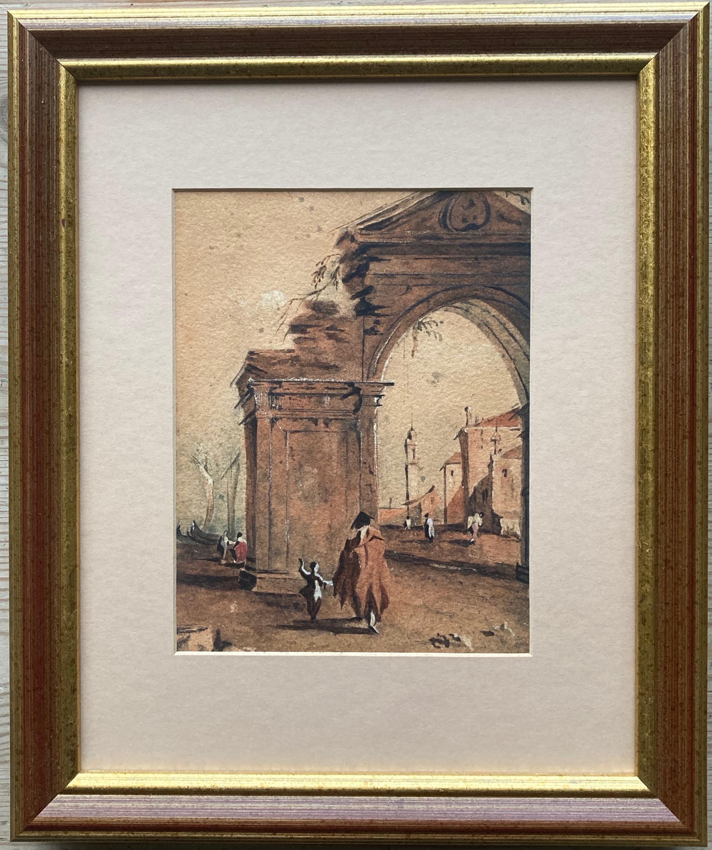 A lively, well executed sketch painted by a 19th century follower of Francesco Guardi 

Follower of Francesco Guardi, 19th Century
Figures by a Roman Arch
Watercolour with ink and scratching out
6½ x 5 inches (excluding the frame)
12 x 10 inches