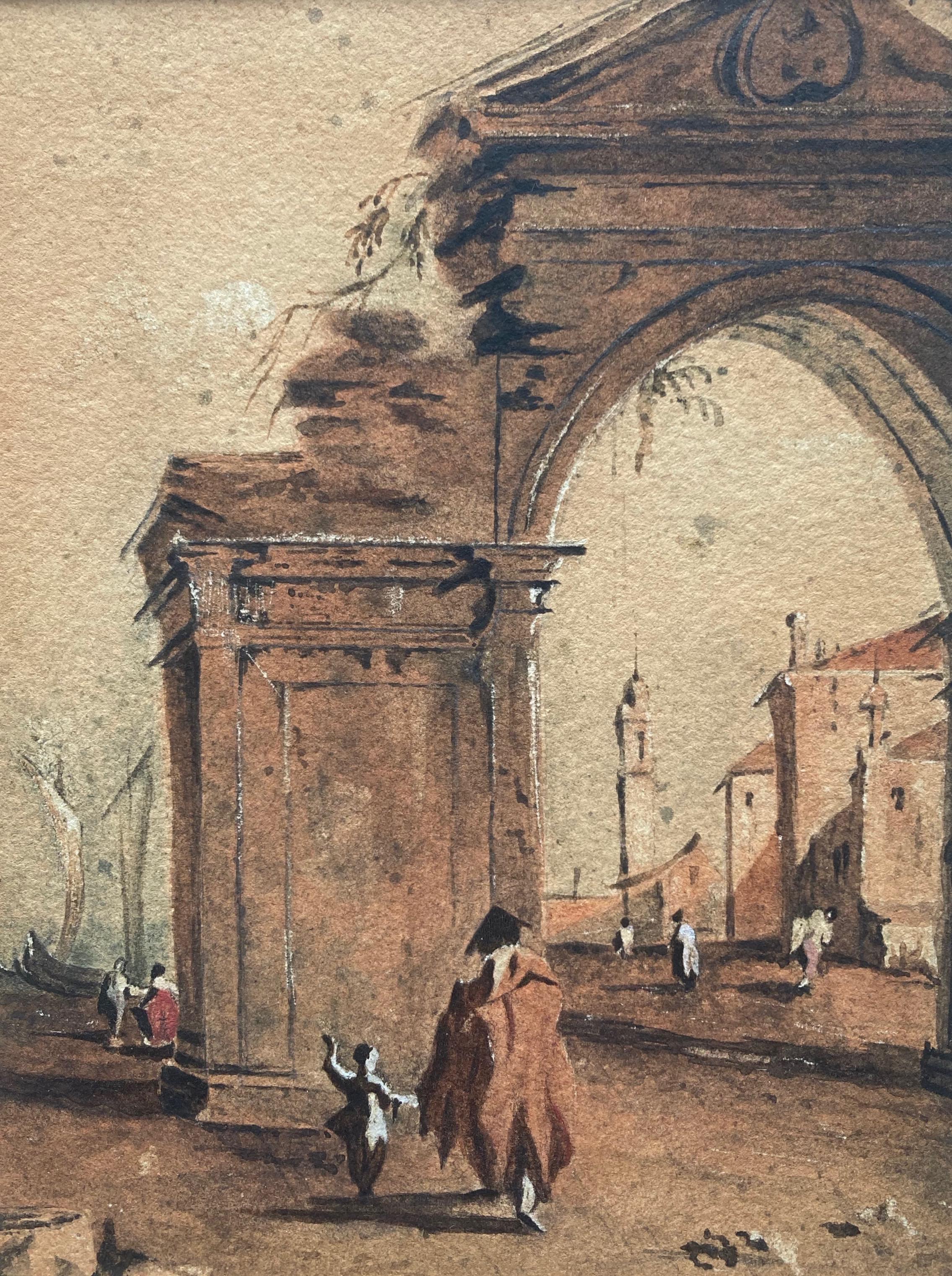 Follower of Francesco Guardi, Figures in a Mediterranean port by a Roman Arch For Sale 1