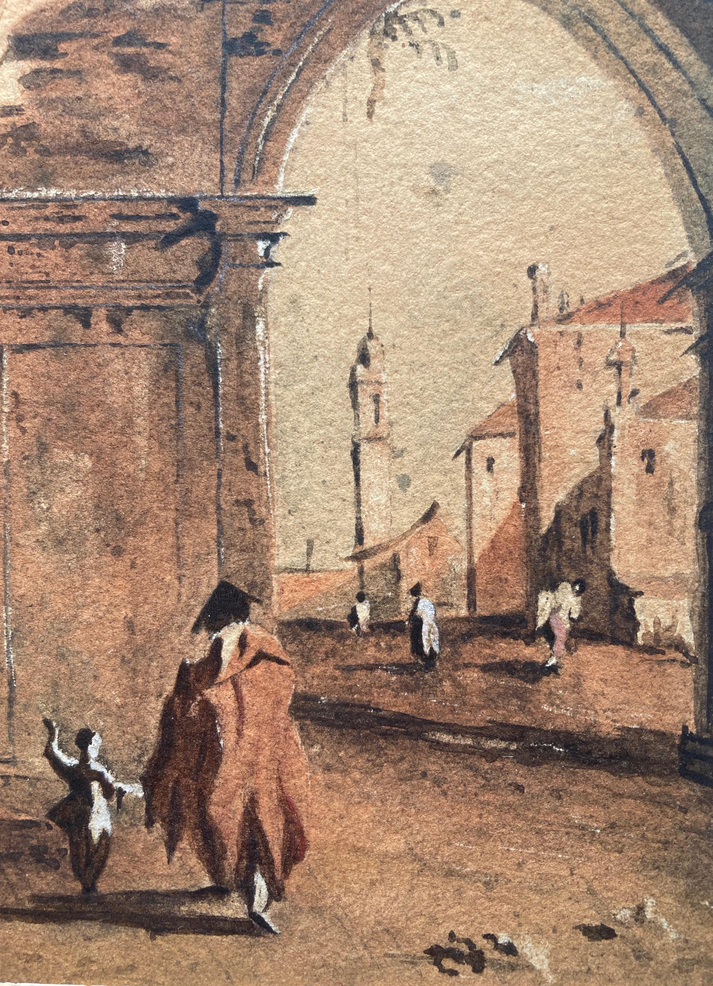 Follower of Francesco Guardi, Figures in a Mediterranean port by a Roman Arch For Sale 2