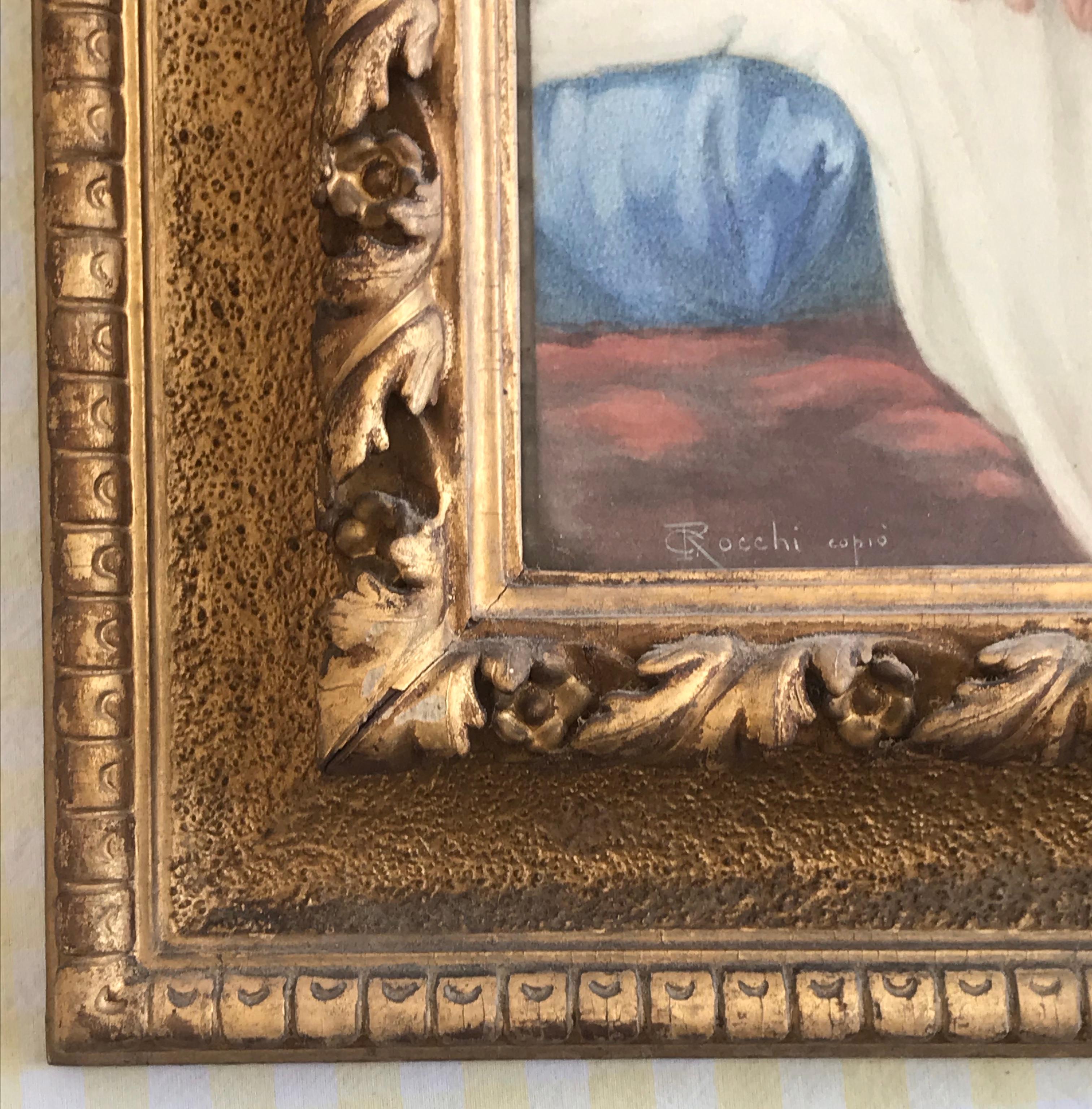 Eine schöne Kopie von Giuseppe Rocchi aus dem 19. Jahrhundert von Baldassarre Franceschinis Schlafendem Amor, präsentiert in einem sehr attraktiven vergoldeten Rahmen mit handgeschnitzten Leisten. Ein sehr friedliches Bild, ideal für ein Wohn- oder