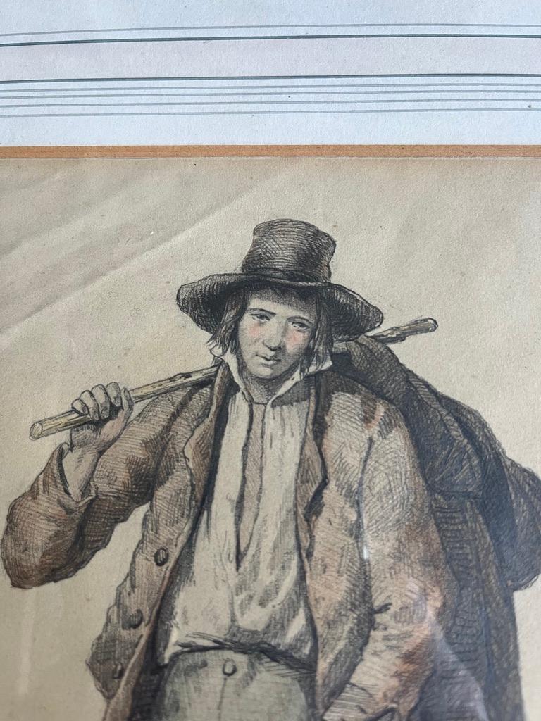 A very skilfully drawn portrait of a traveller on a country road. The artist has meticulously captured the details of his dishevelled attire and his thoughtful expression. 

English School, 19th Century
Portrait of a traveller on a country