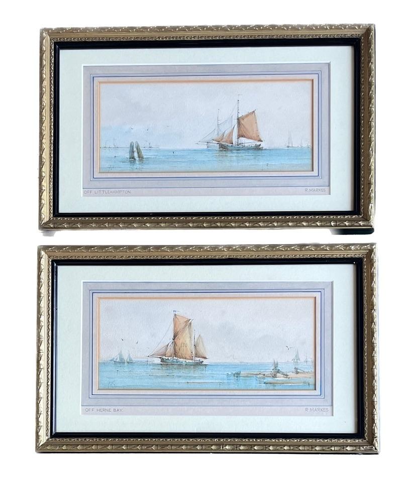 Fein detailliertes Paar Marinestudien von Schiffen vor der englischen Küste aus dem 19. Jahrhundert – Painting von Richmond Markes