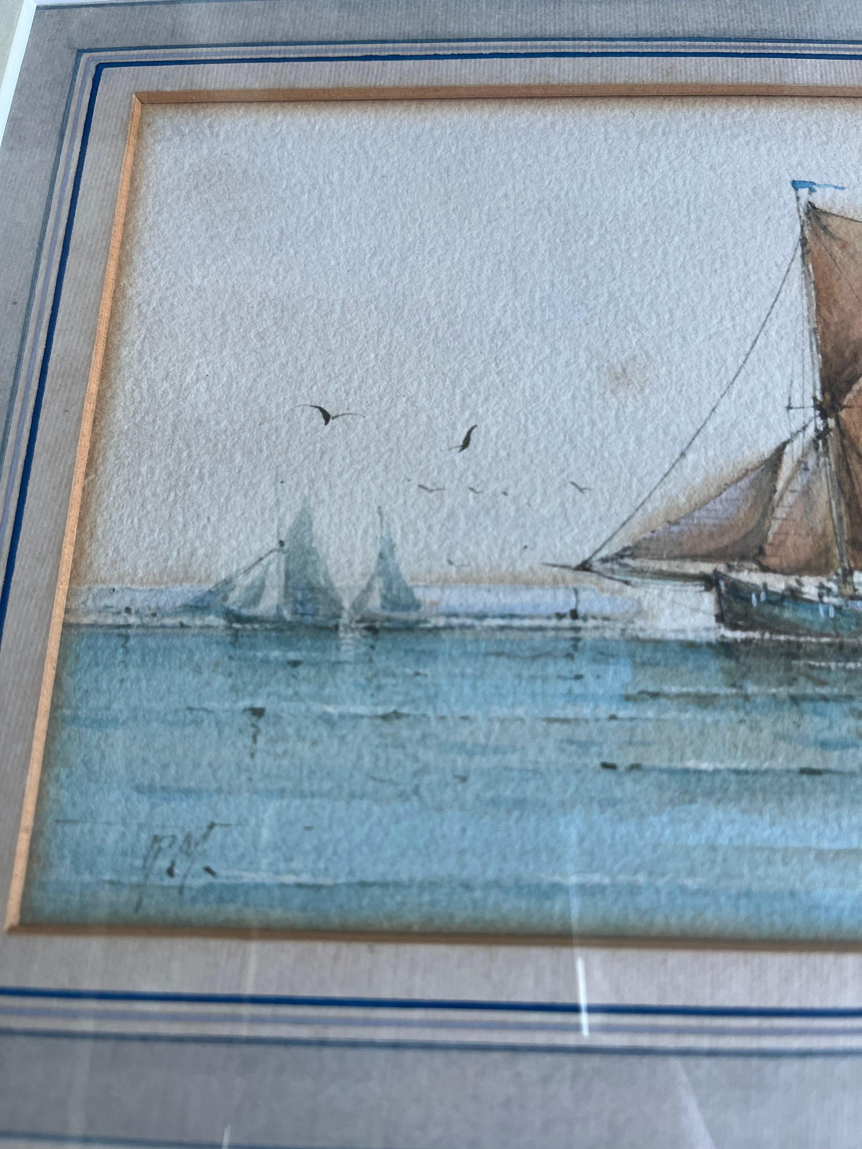 Fein detailliertes Paar Marinestudien von Schiffen vor der englischen Küste aus dem 19. Jahrhundert 8