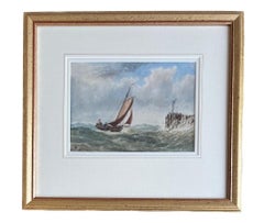 Aquarell eines Segelschiffes in Mohnblumensee vor der englischen Küste aus dem 19. Jahrhundert 