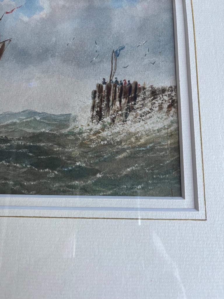 Aquarell eines Segelschiffes in Mohnblumensee vor der englischen Küste aus dem 19. Jahrhundert  6