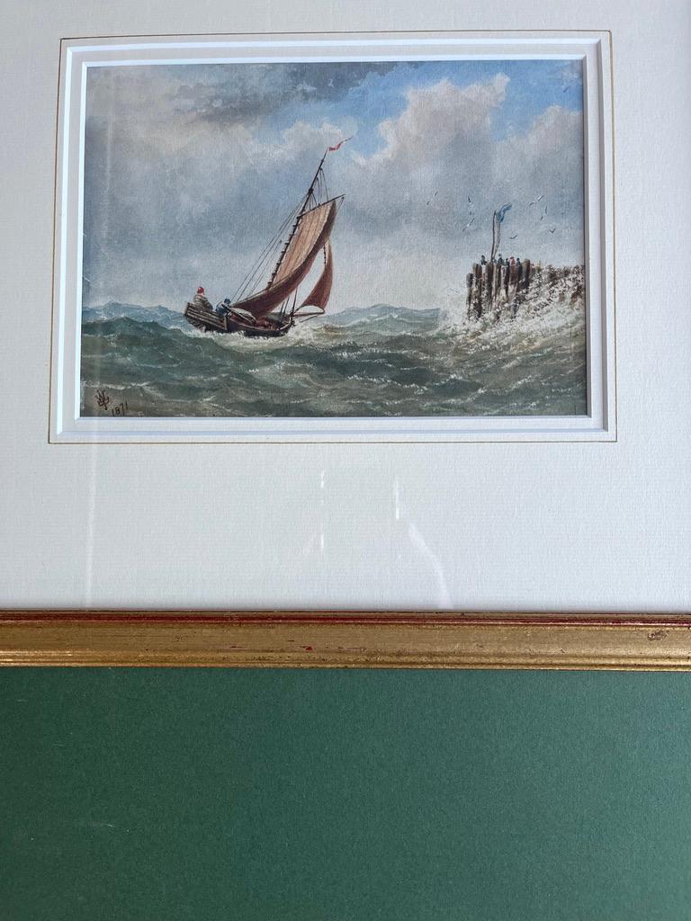 Aquarell eines Segelschiffes in Mohnblumensee vor der englischen Küste aus dem 19. Jahrhundert  4