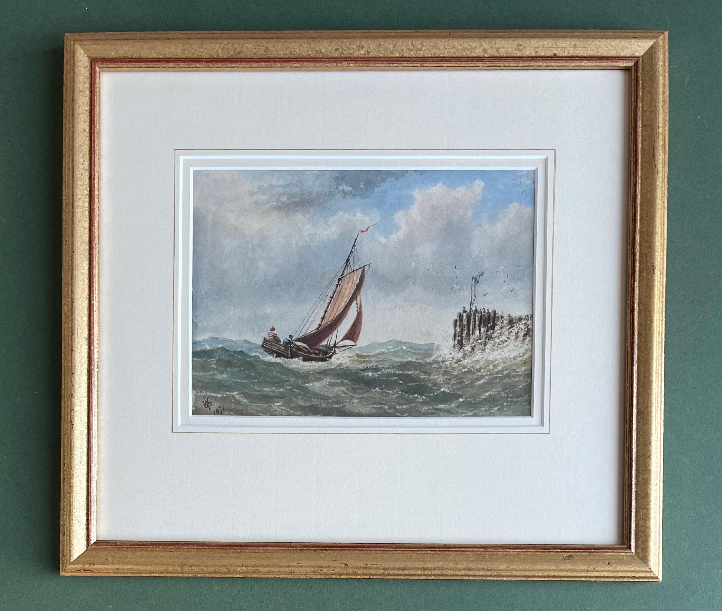 Aquarell eines Segelschiffes in Mohnblumensee vor der englischen Küste aus dem 19. Jahrhundert  7