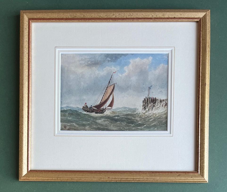 Aquarell eines Segelschiffes in Mohnblumensee vor der englischen Küste aus dem 19. Jahrhundert  (Viktorianisch), Painting, von William Roxby Beverley