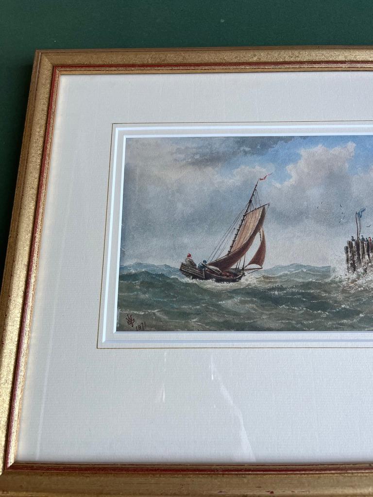 A very atmospheric snapshot of a sailing vessel in a stiff wind just off a jetty. The artist has captured the sense of drama, with both sails straining against an off shore breeze and a small crowd watching from the end of the pier, a flag battered