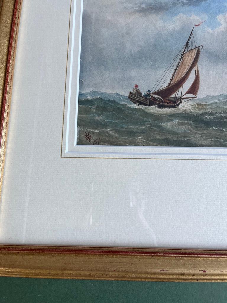 Aquarell eines Segelschiffes in Mohnblumensee vor der englischen Küste aus dem 19. Jahrhundert  1