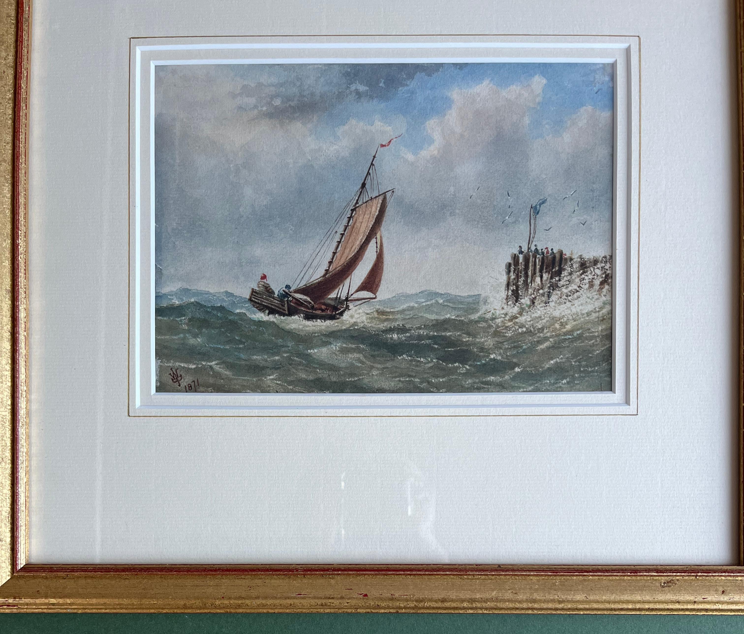 Aquarell eines Segelschiffes in Mohnblumensee vor der englischen Küste aus dem 19. Jahrhundert  3