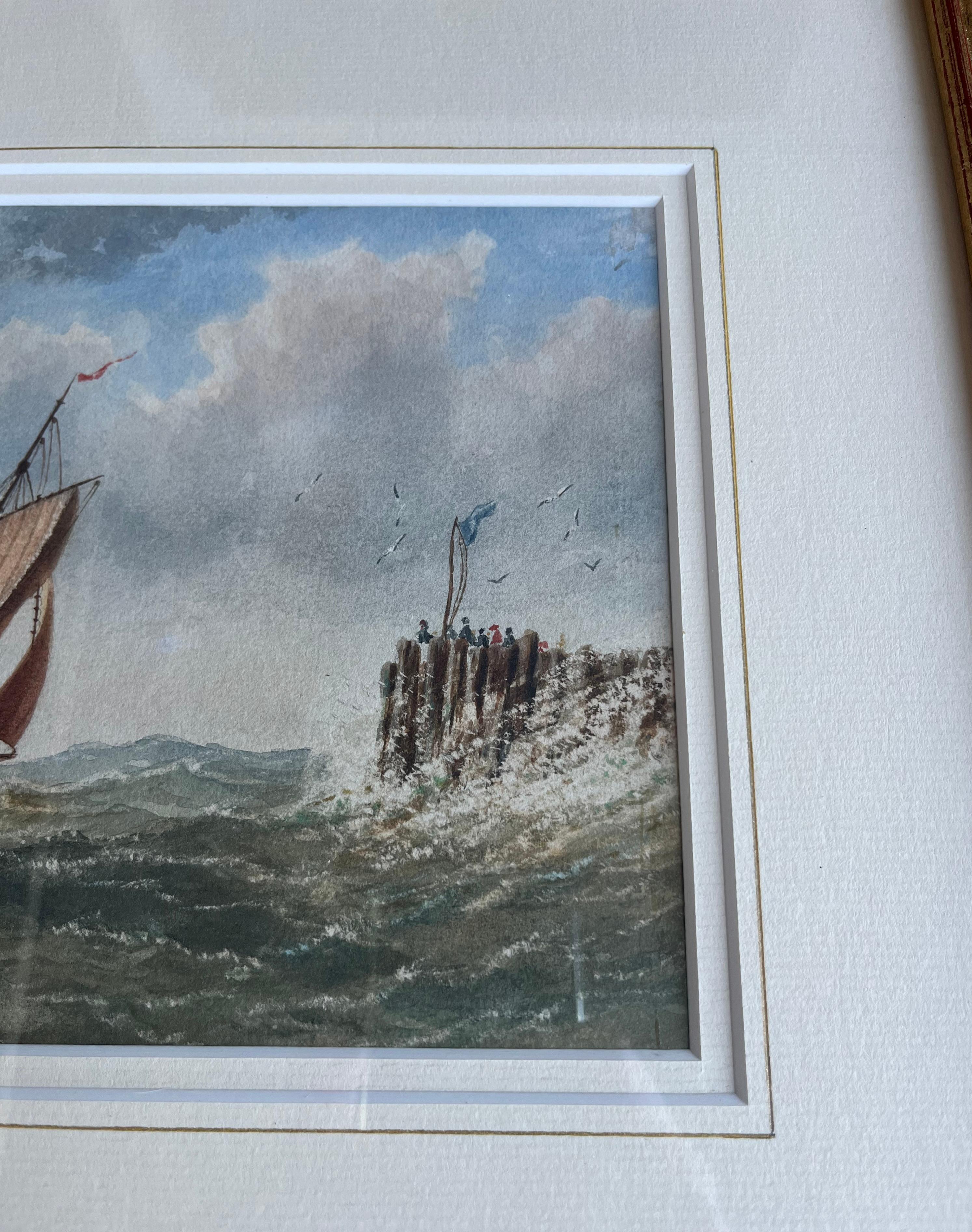 Aquarell eines Segelschiffes in Mohnblumensee vor der englischen Küste aus dem 19. Jahrhundert  5