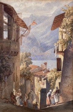 Aquarelle victorienne du XIXe siècle, lac de Como, Italie