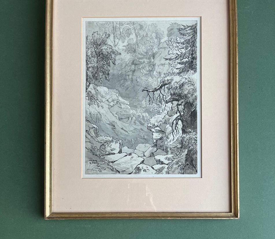 A very attractive and meticulously executed view of a rocky landscape within the woods dating to 1823. This would suit a library or study with its muted tones and skifull draughtsmanship.

William Nicholson (1781-1844)
Near Croxdale Hall
Signed with