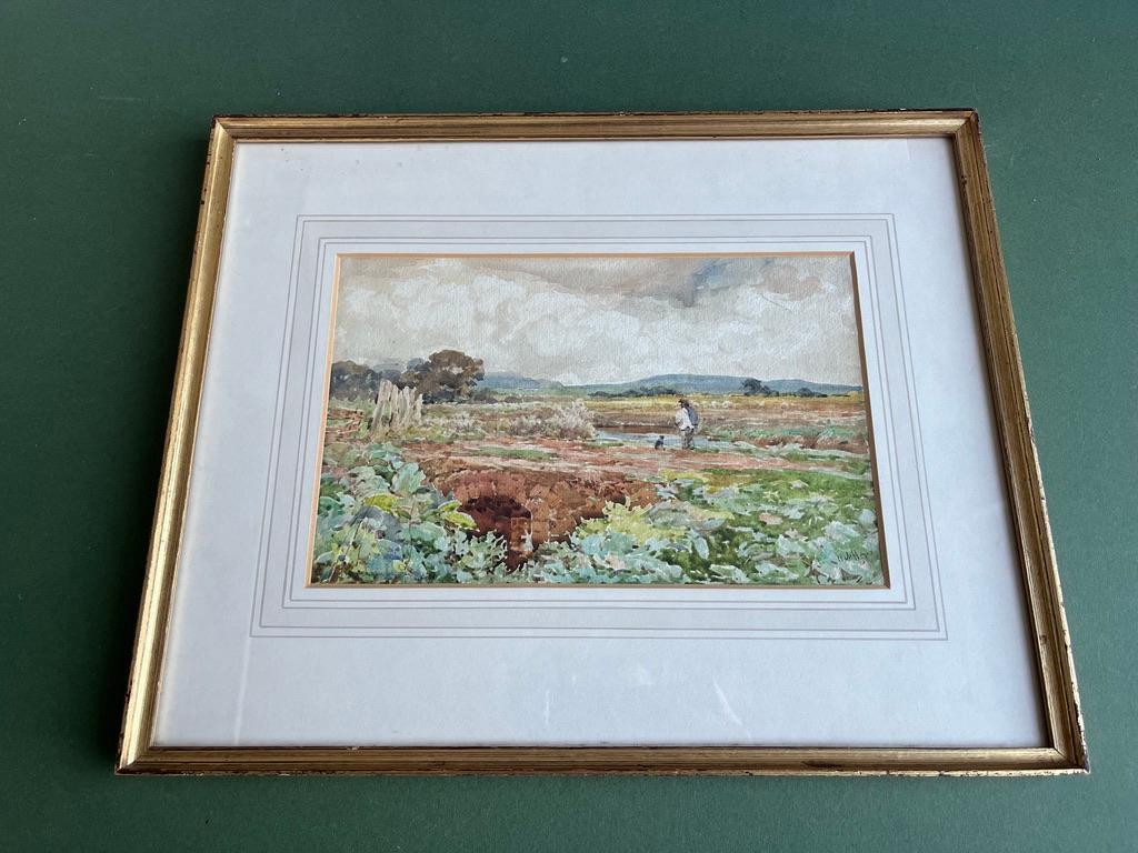 English watercolour of a fisherman and his dog - Painting by Claude Hayes RI ROI RWS