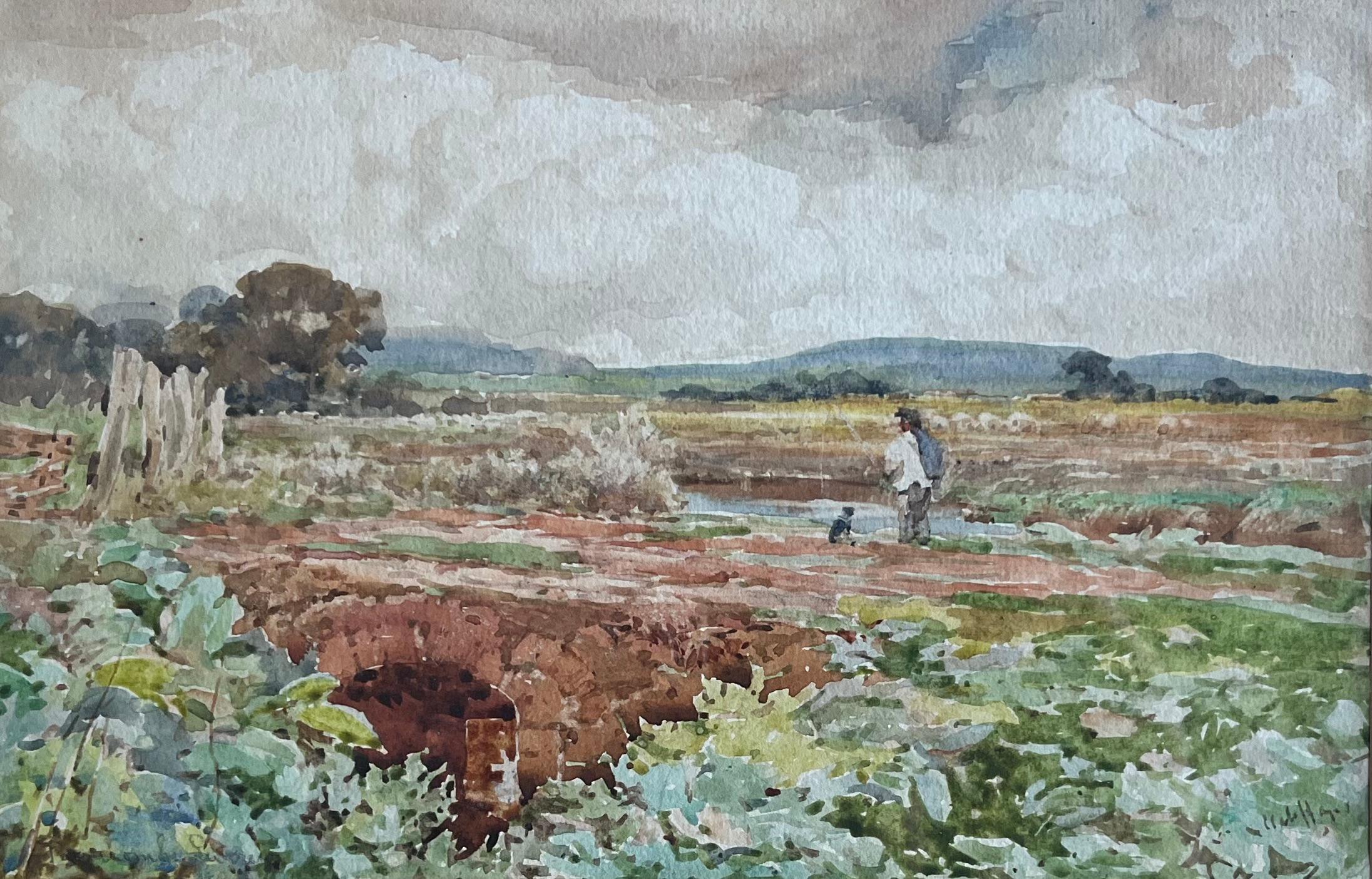 Landscape Painting Claude Hayes RI ROI RWS - Aquarelle anglaise d'un pêcheur et de son chien