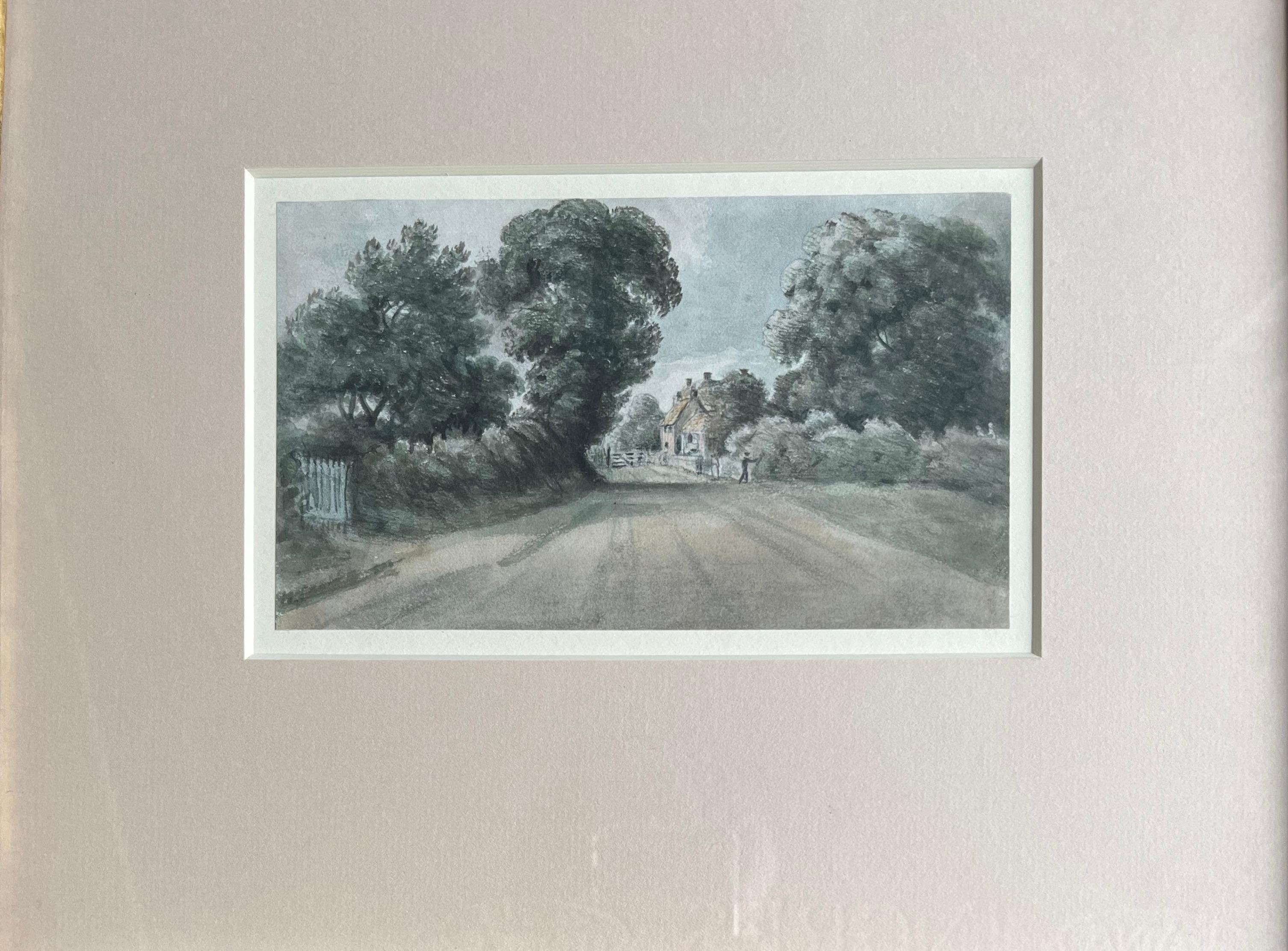 Dr William Crotch Landscape Painting - Early English watercolour of cottage on lane in Pirbright Constable Contemporary