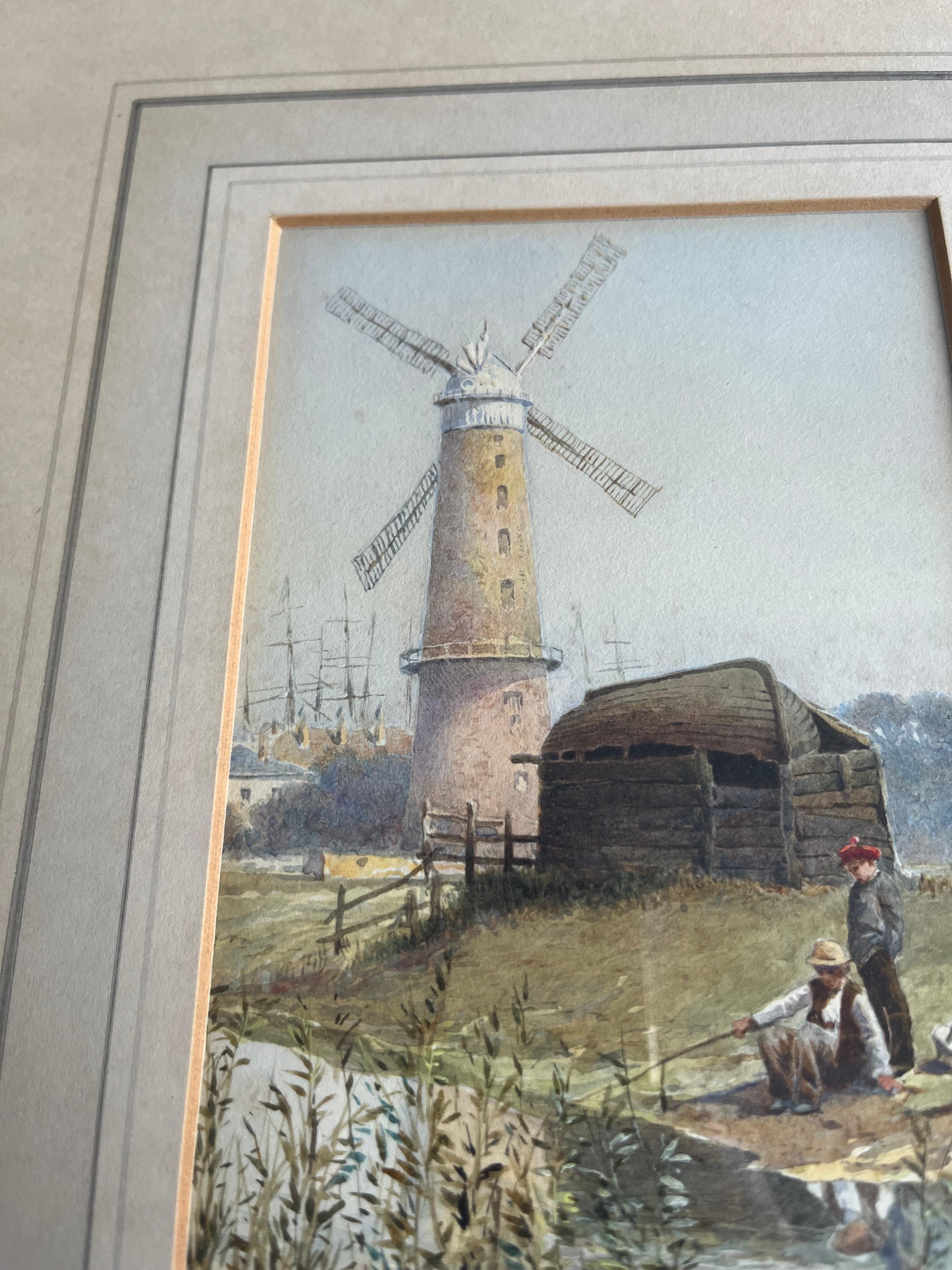 Two English watercolours, Norfolk Windmill; Fishermen mending nets on the shore For Sale 4