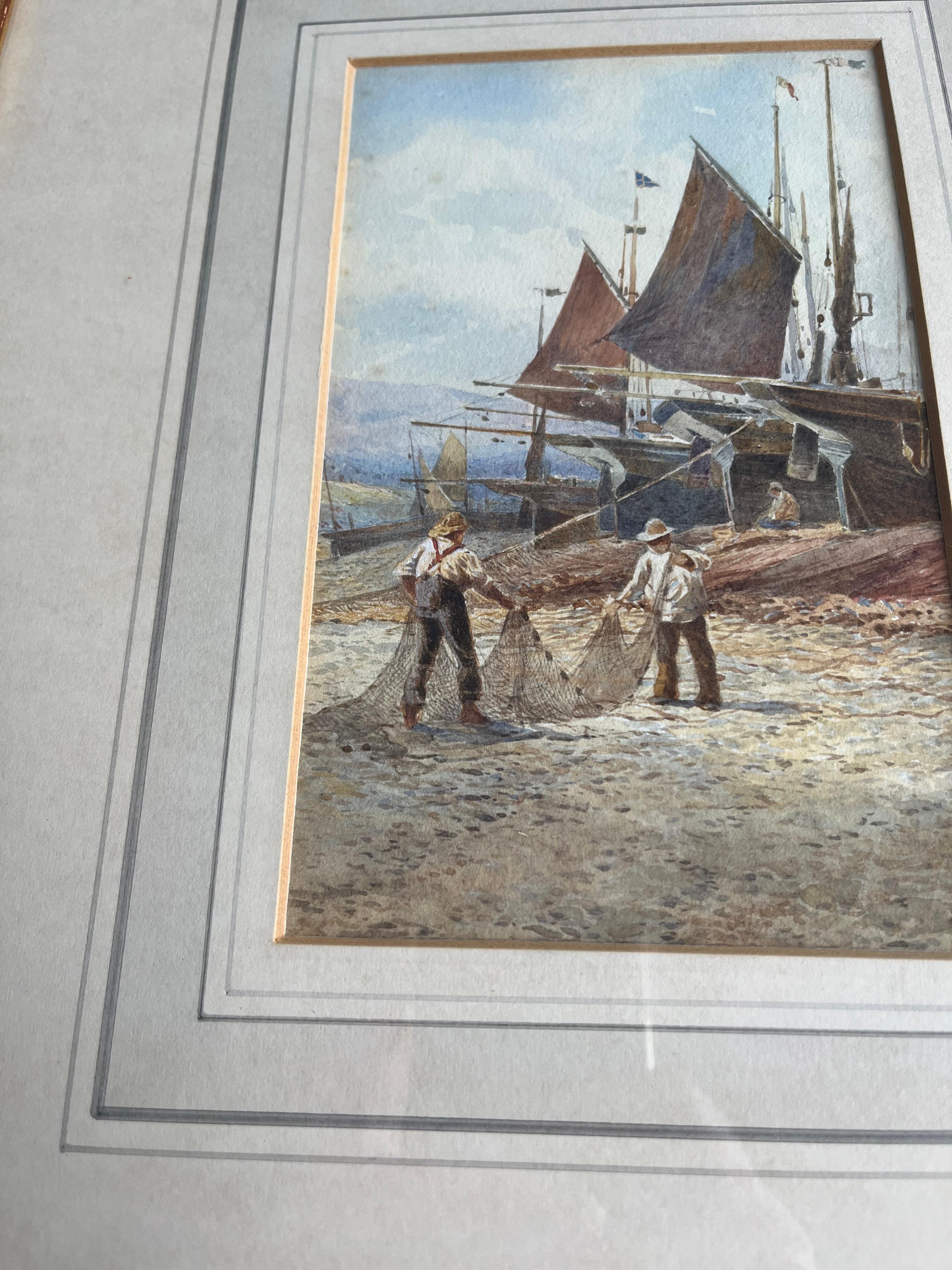 Two English watercolours, Norfolk Windmill; Fishermen mending nets on the shore For Sale 10
