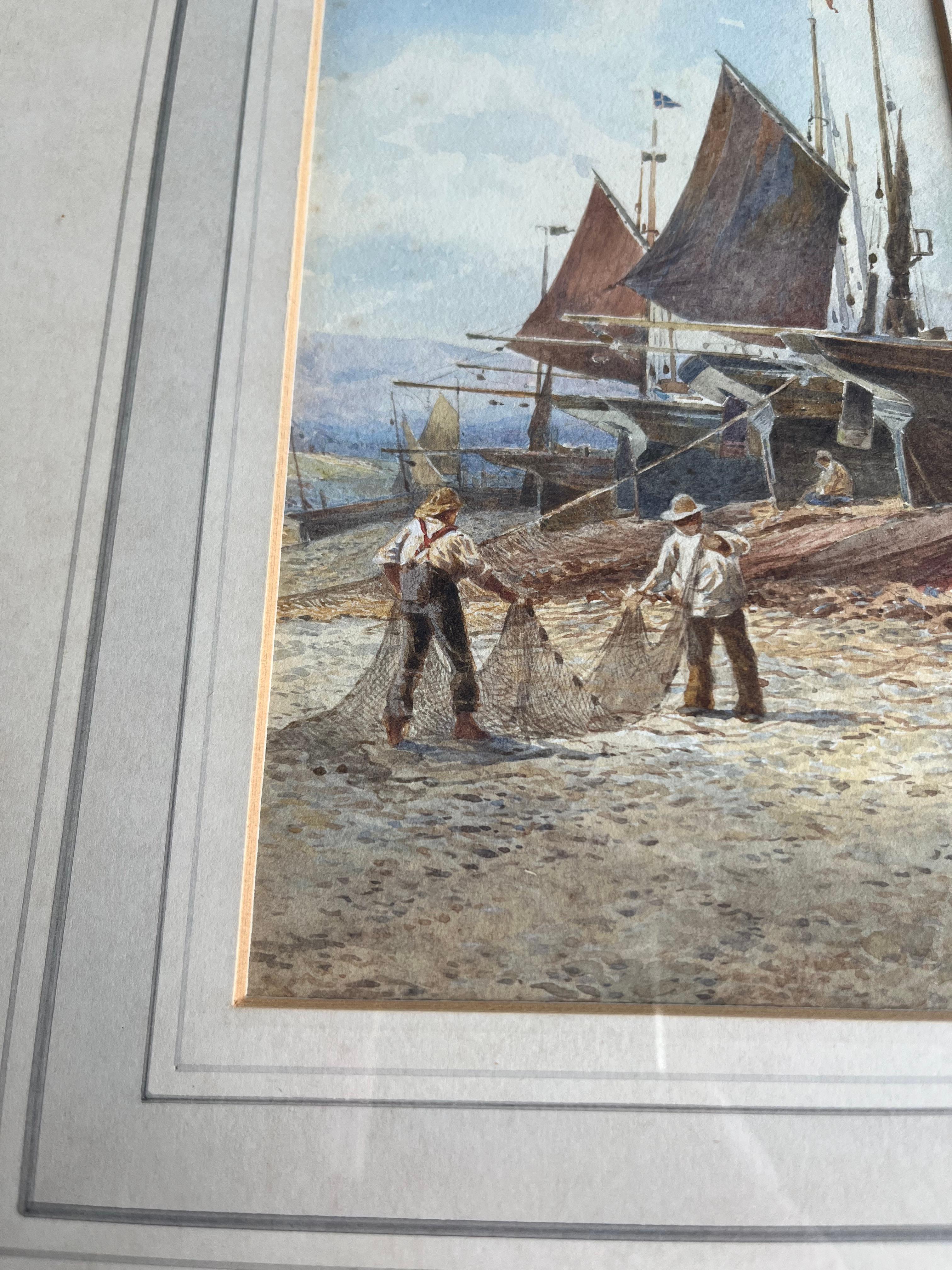 Two English watercolours, Norfolk Windmill; Fishermen mending nets on the shore For Sale 9