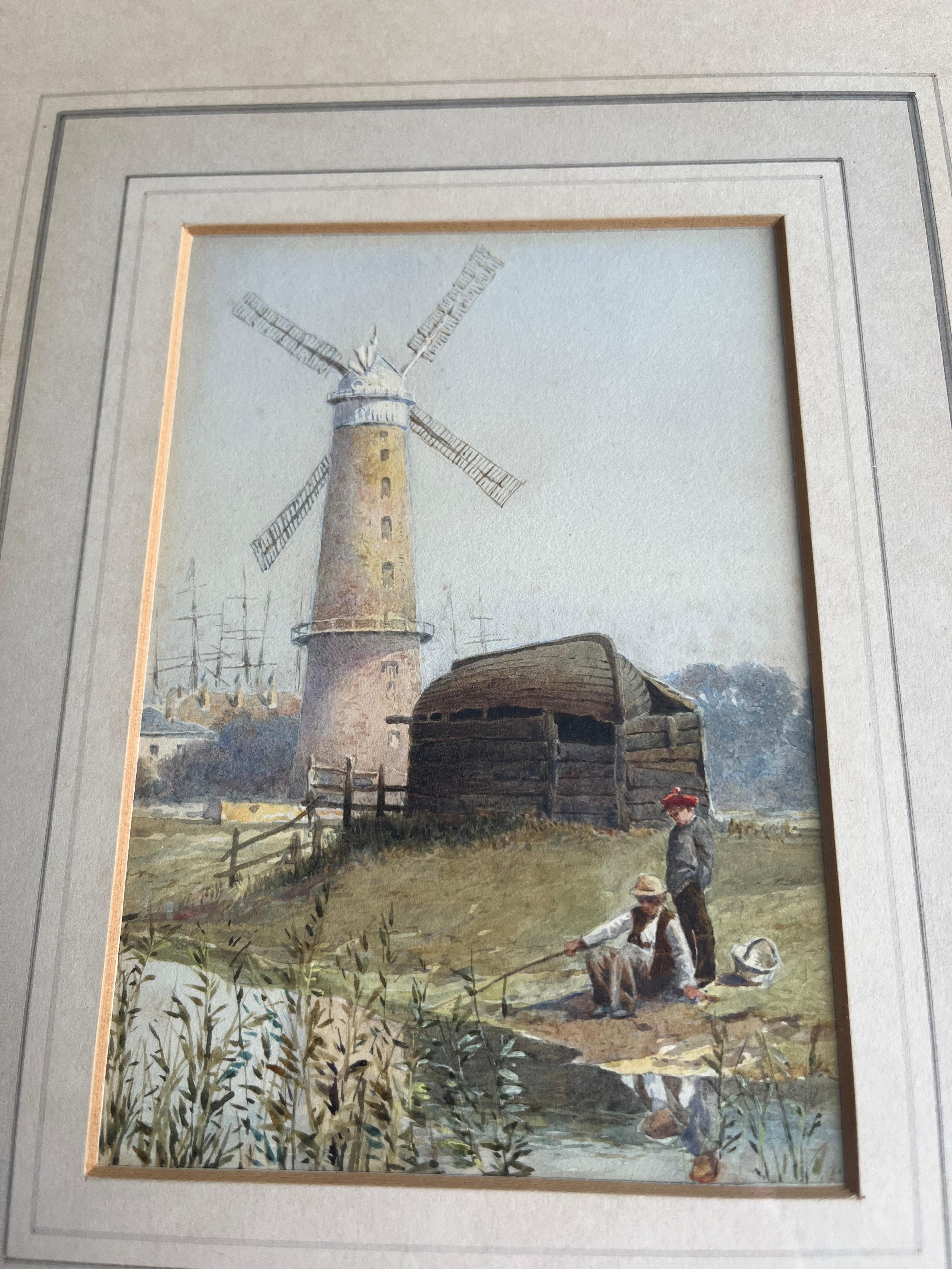 Two English watercolours, Norfolk Windmill; Fishermen mending nets on the shore For Sale 5