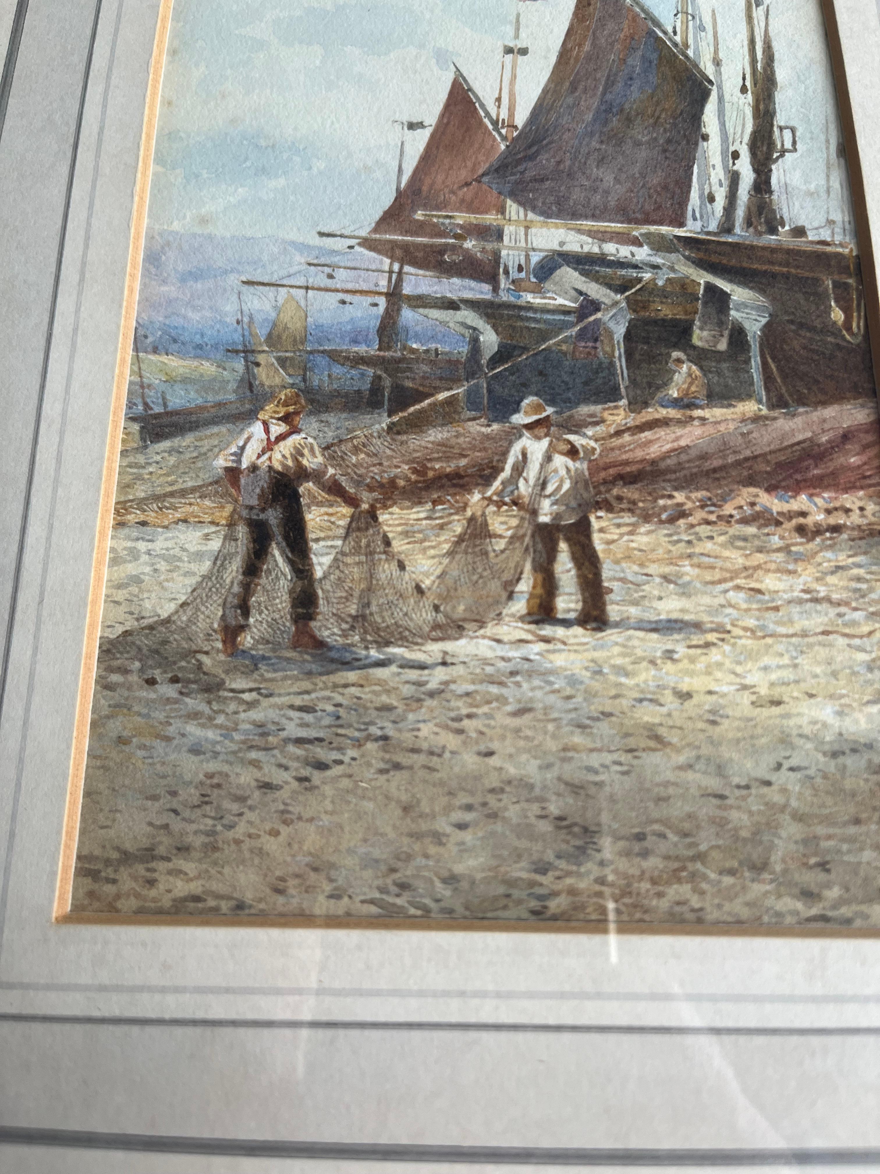 Two English watercolours, Norfolk Windmill; Fishermen mending nets on the shore For Sale 7