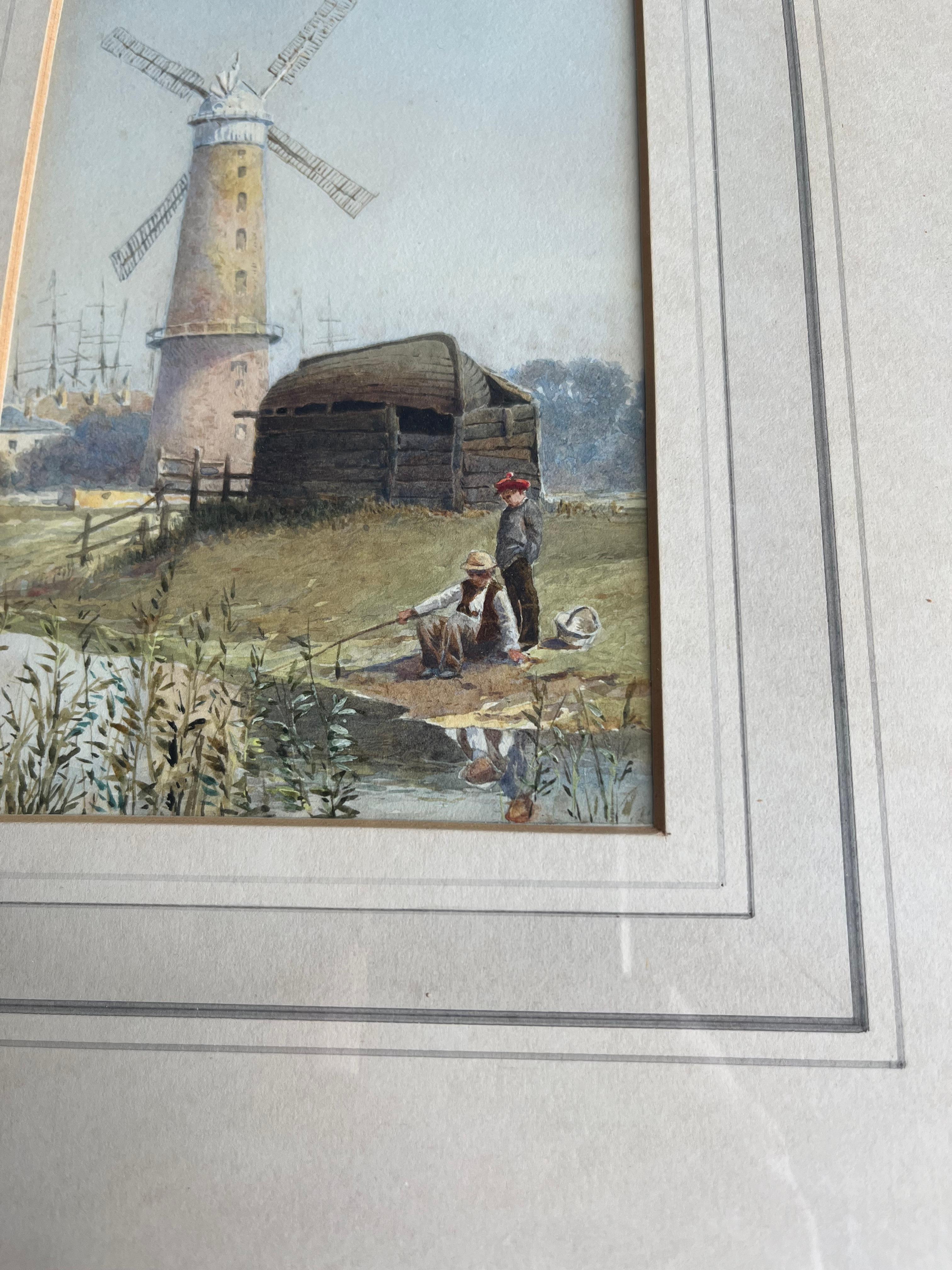 Two English watercolours, Norfolk Windmill; Fishermen mending nets on the shore For Sale 3