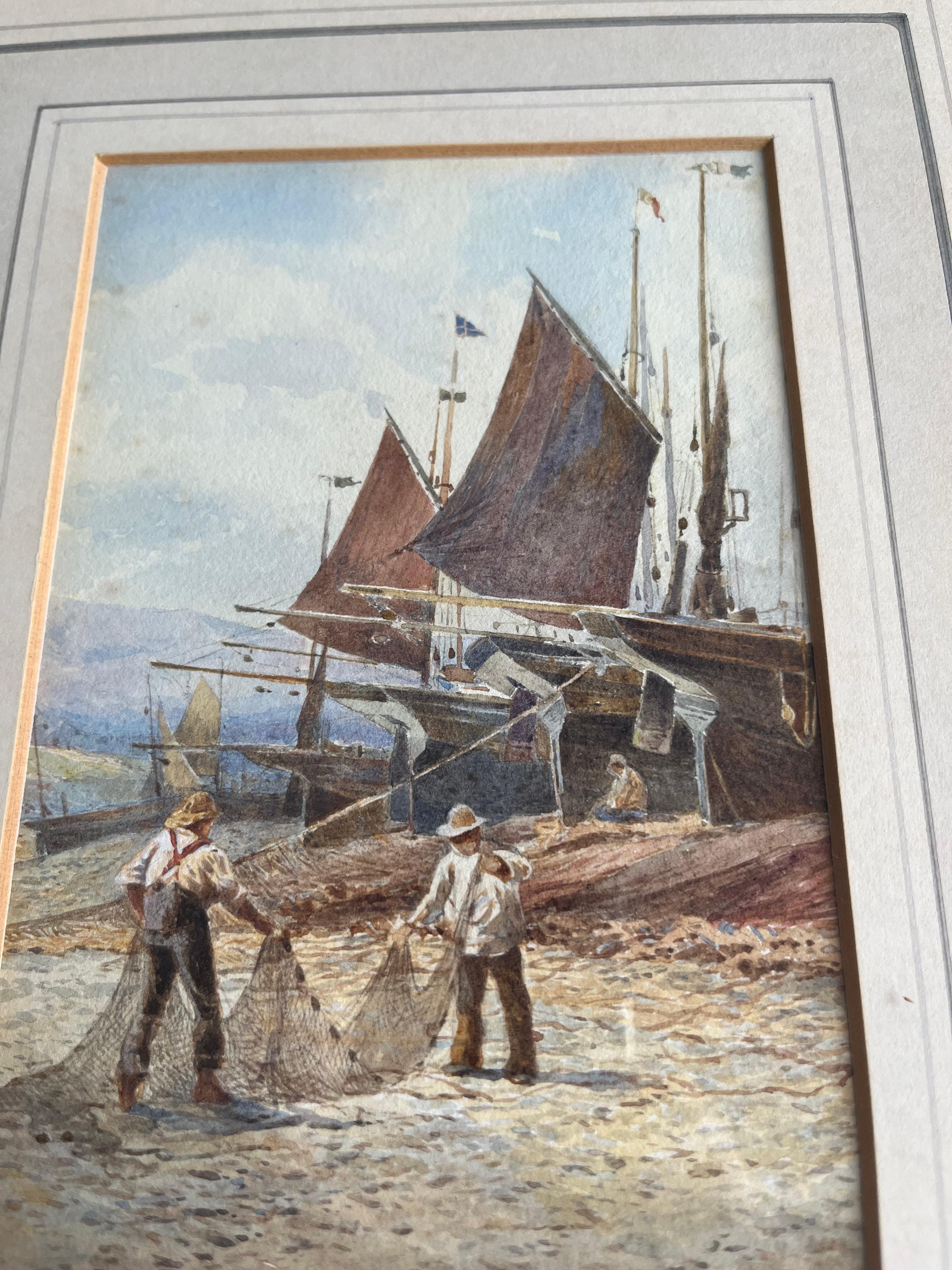 Two English watercolours, Norfolk Windmill; Fishermen mending nets on the shore For Sale 8