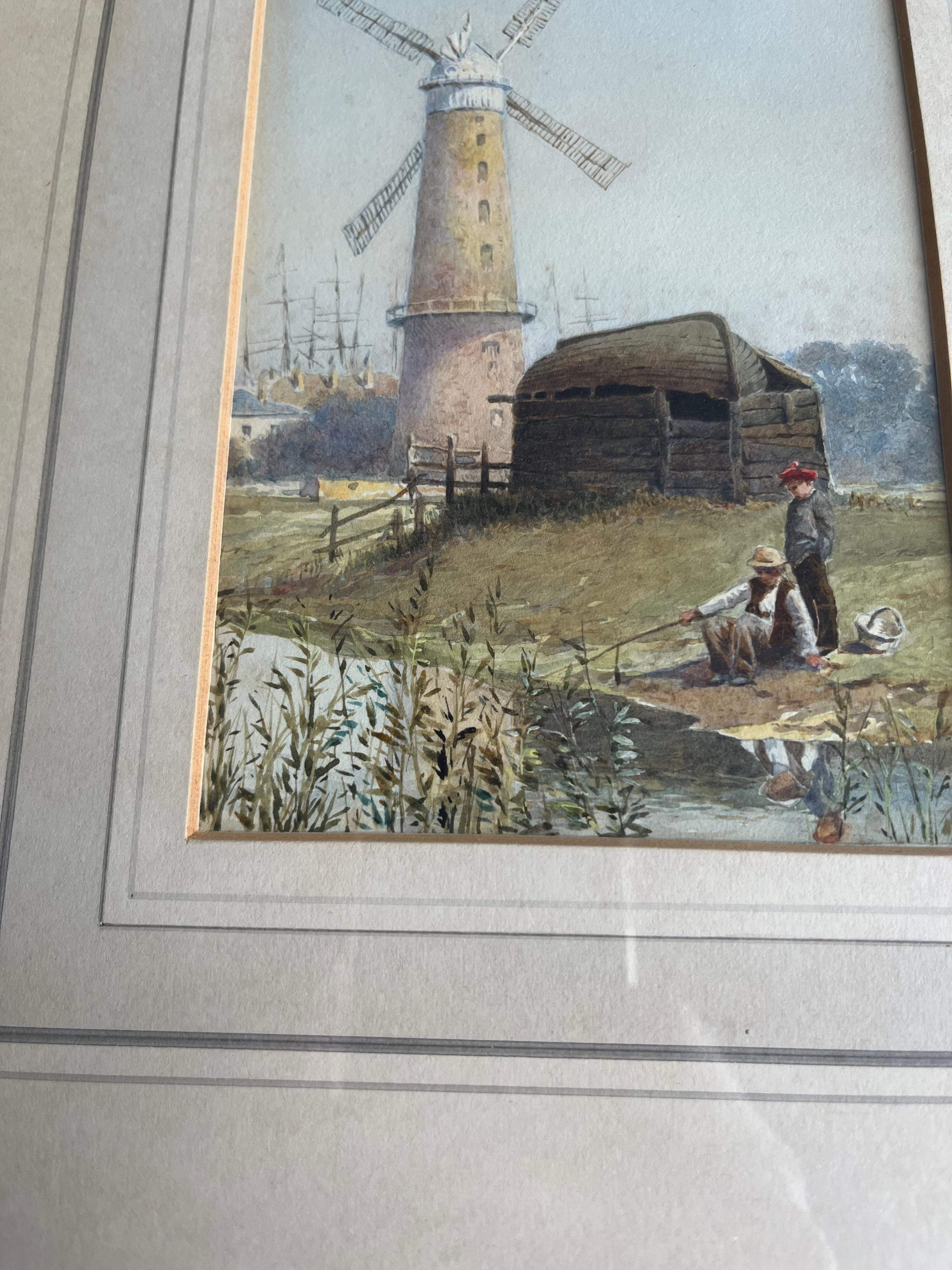 Two English watercolours, Norfolk Windmill; Fishermen mending nets on the shore For Sale 6