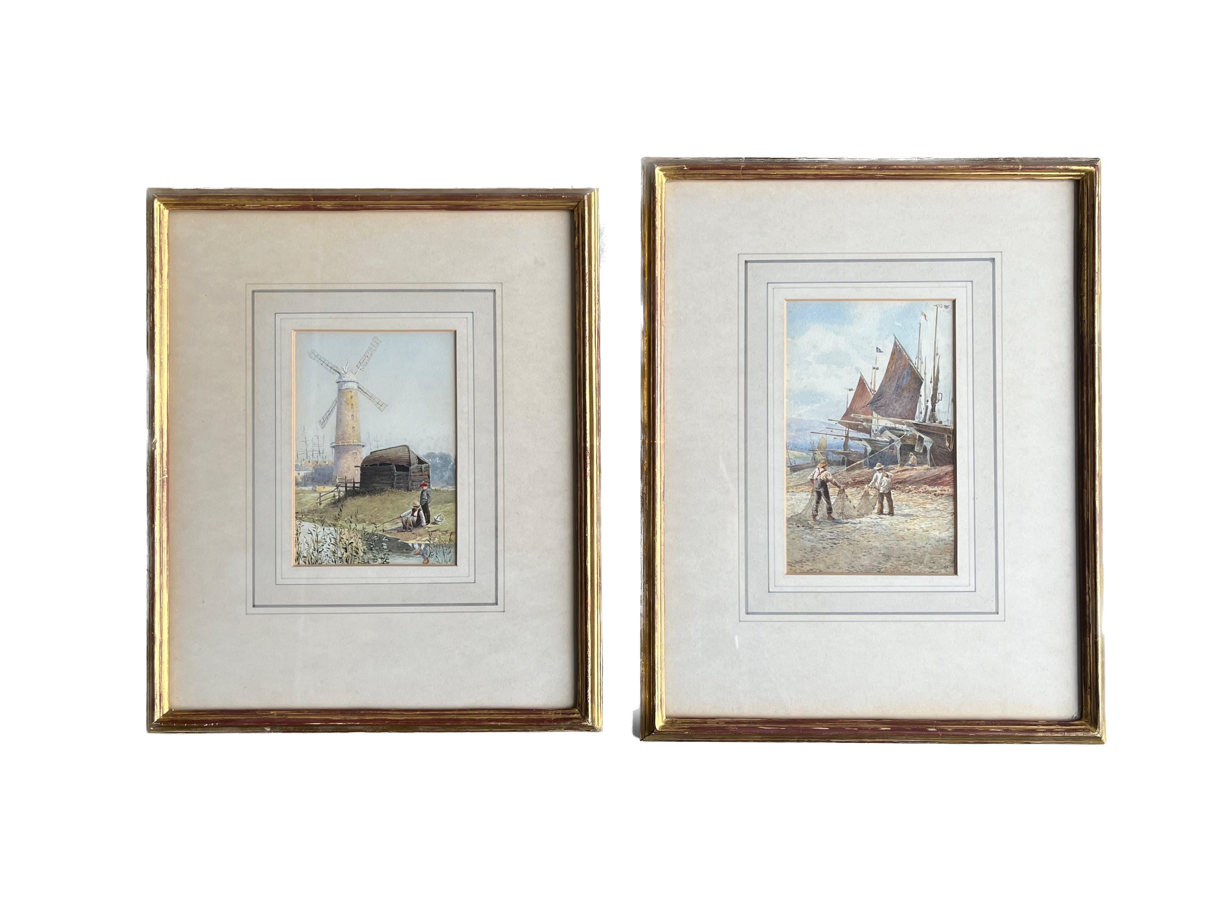 Charles Robertson Landscape Art – Zwei englische Aquarelle, Norfolk Windmill; Fishermen mending nets on the shore