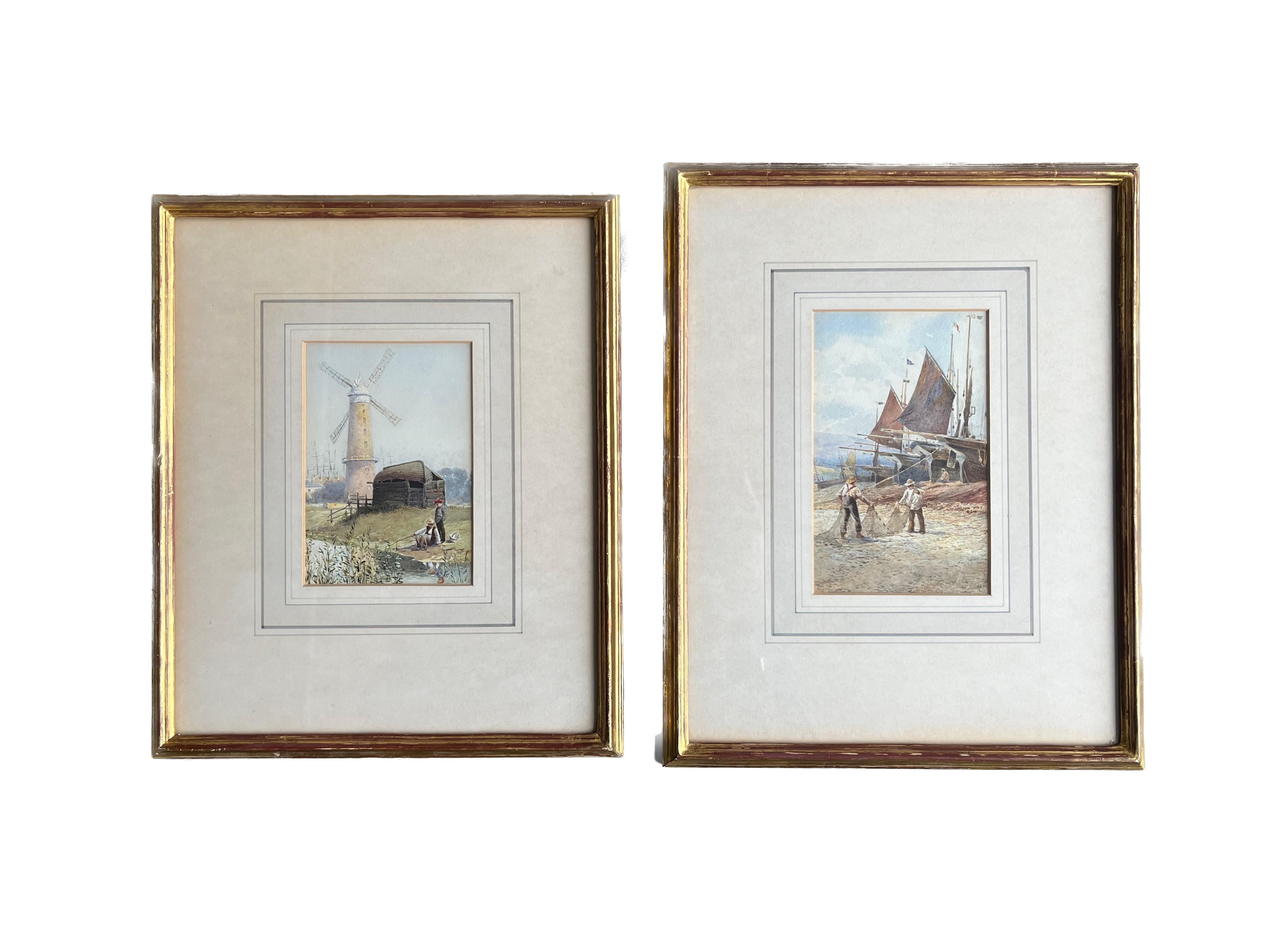 Two English watercolours, Norfolk Windmill; Fishermen mending nets on the shore