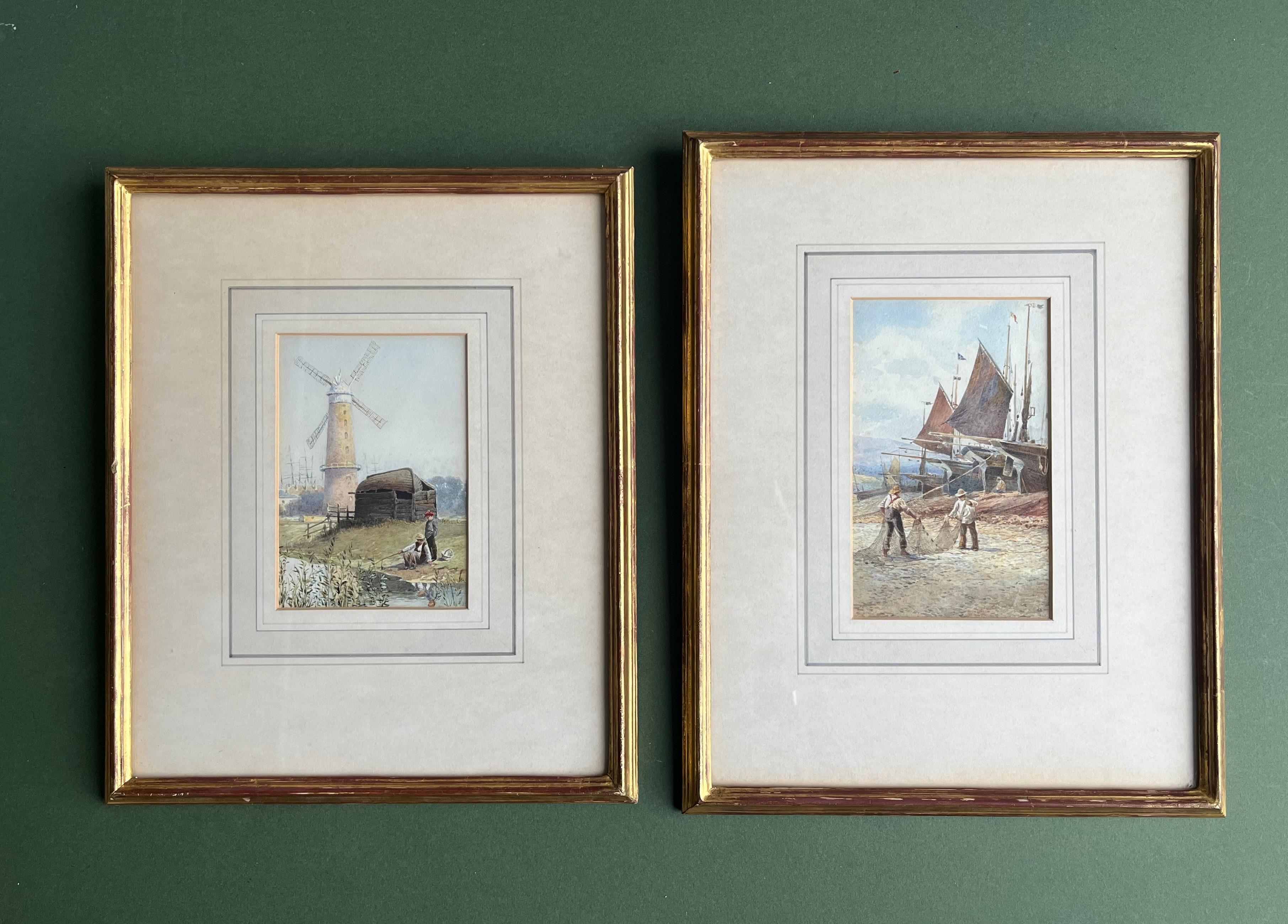 Zwei englische Aquarelle, Norfolk Windmill; Fishermen mending nets on the shore – Art von Charles Robertson