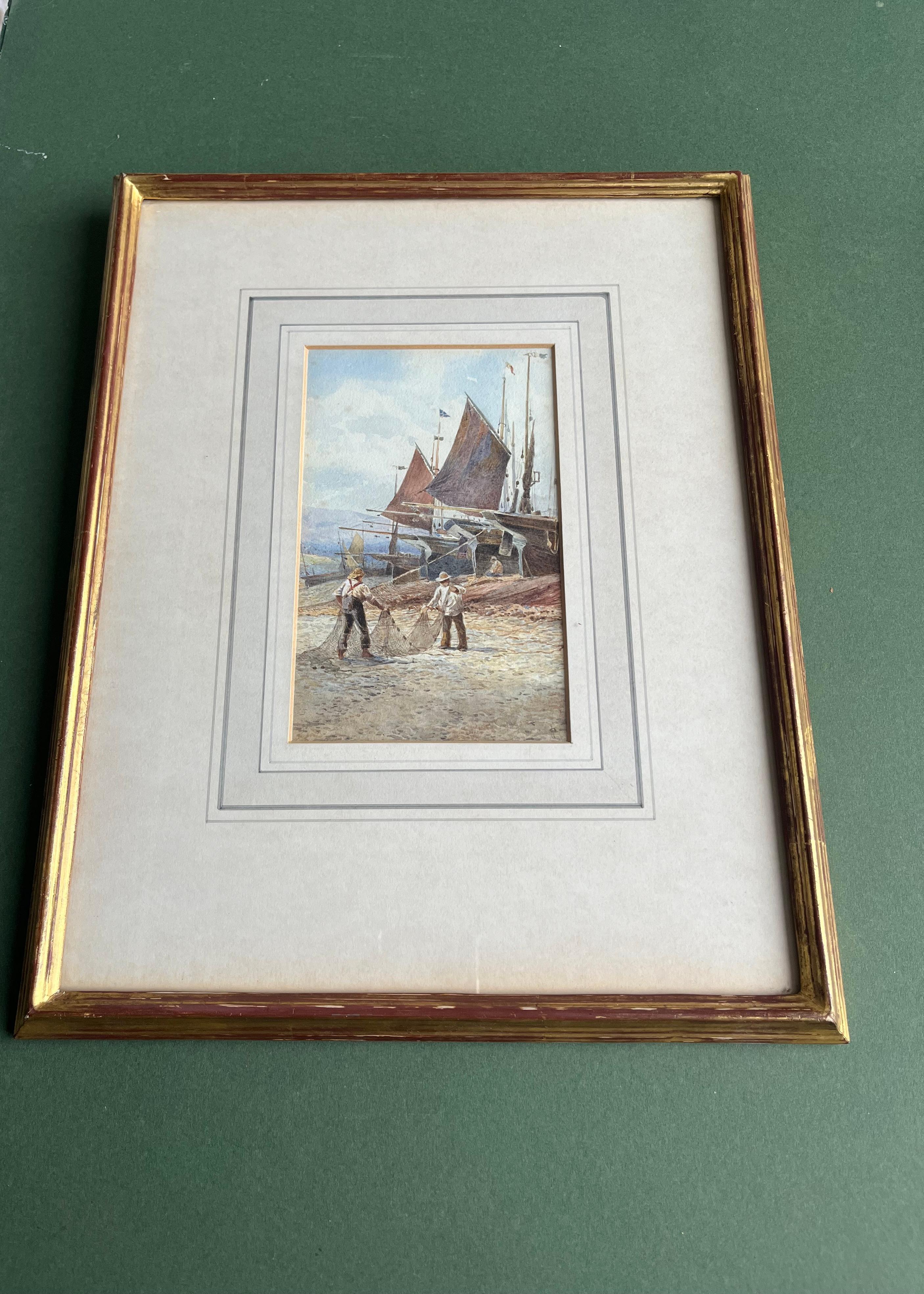 Two delightful watercolours,  with wonderful details by the highly collectable Charles Robertson. They depict two different aspects of Victorian life, the first captures two boys fishing before a windmill and the second fishermen on the shore