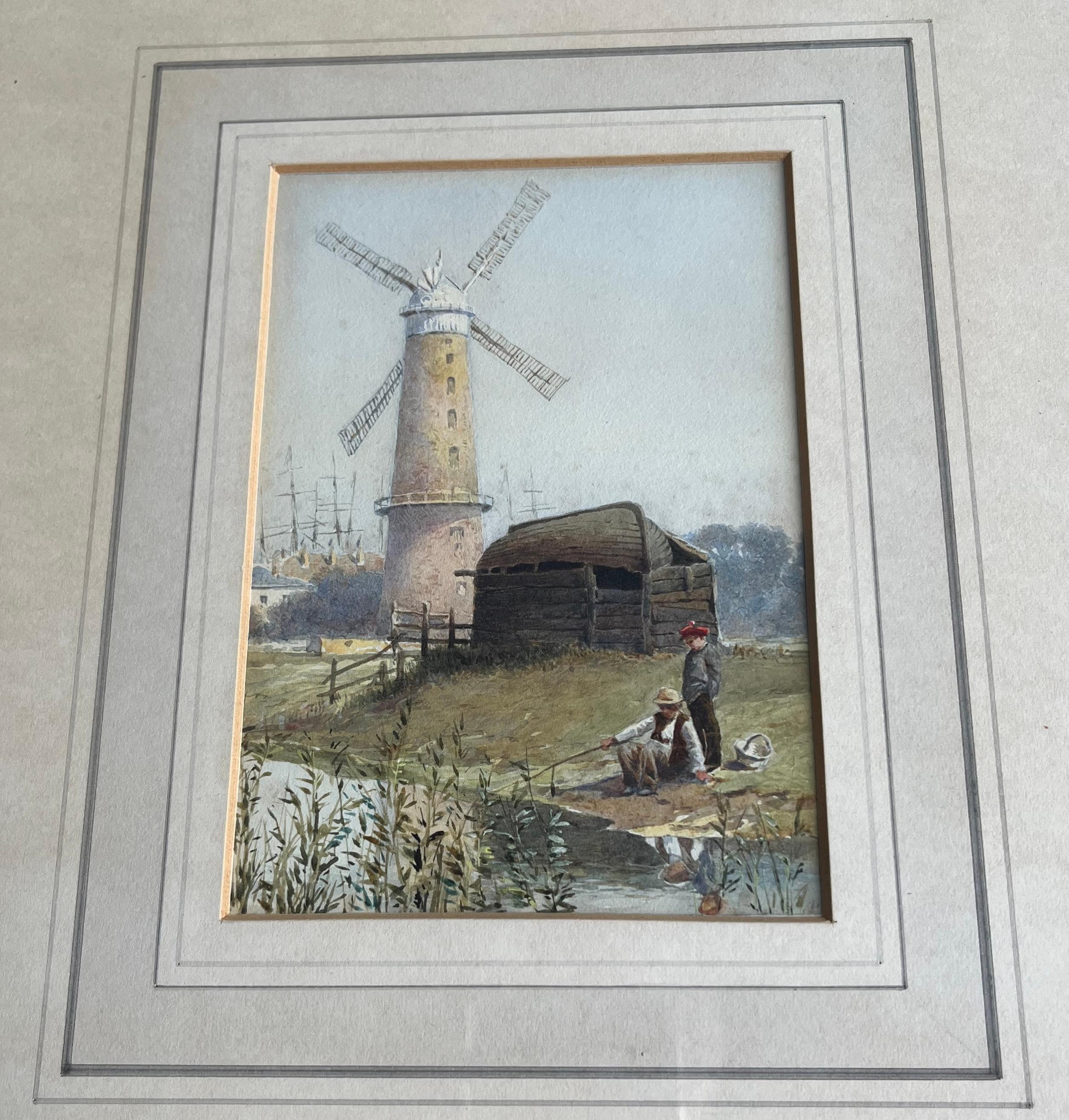 Two English watercolours, Norfolk Windmill; Fishermen mending nets on the shore For Sale 1