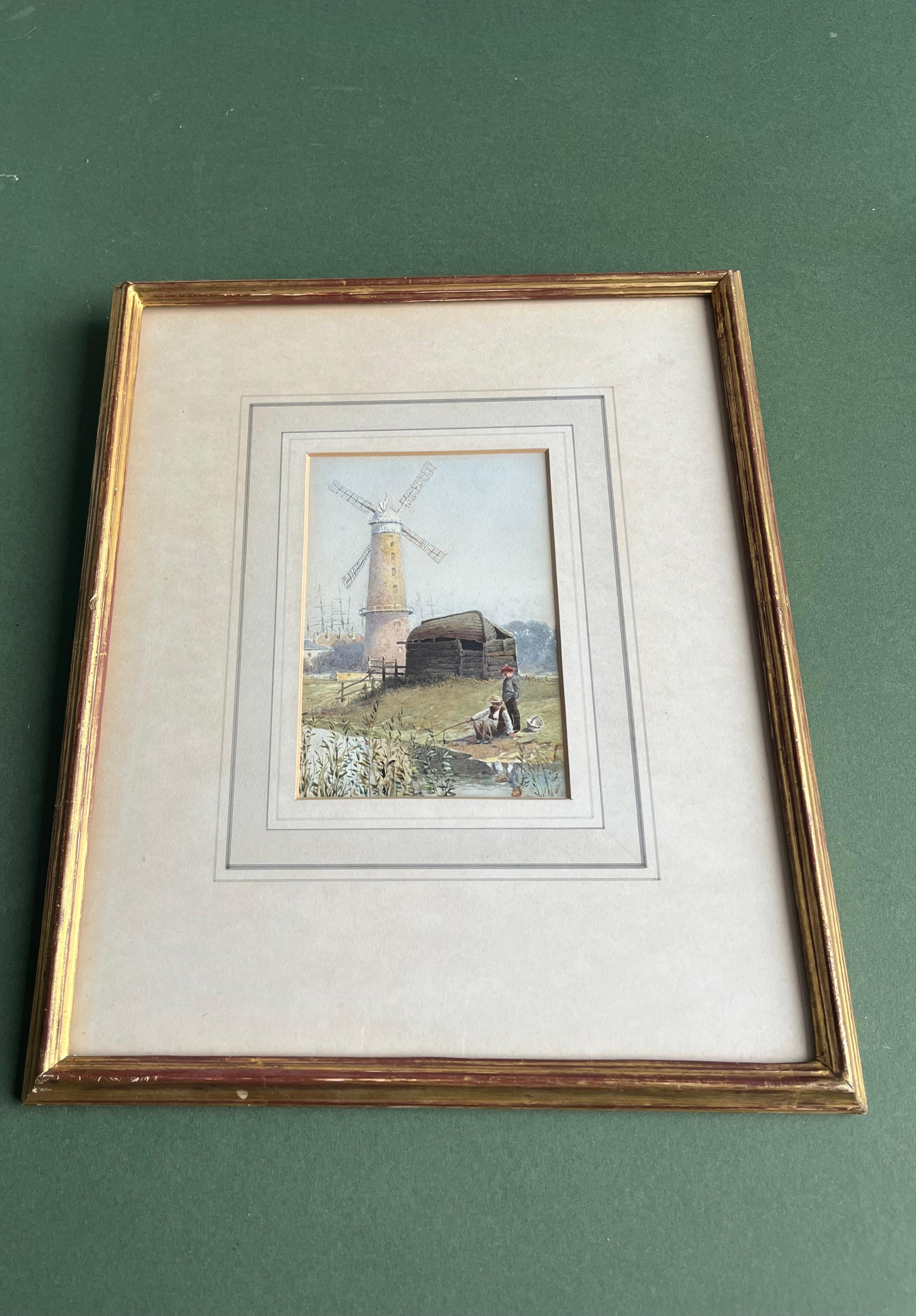 Two English watercolours, Norfolk Windmill; Fishermen mending nets on the shore - Victorian Art by Charles Robertson