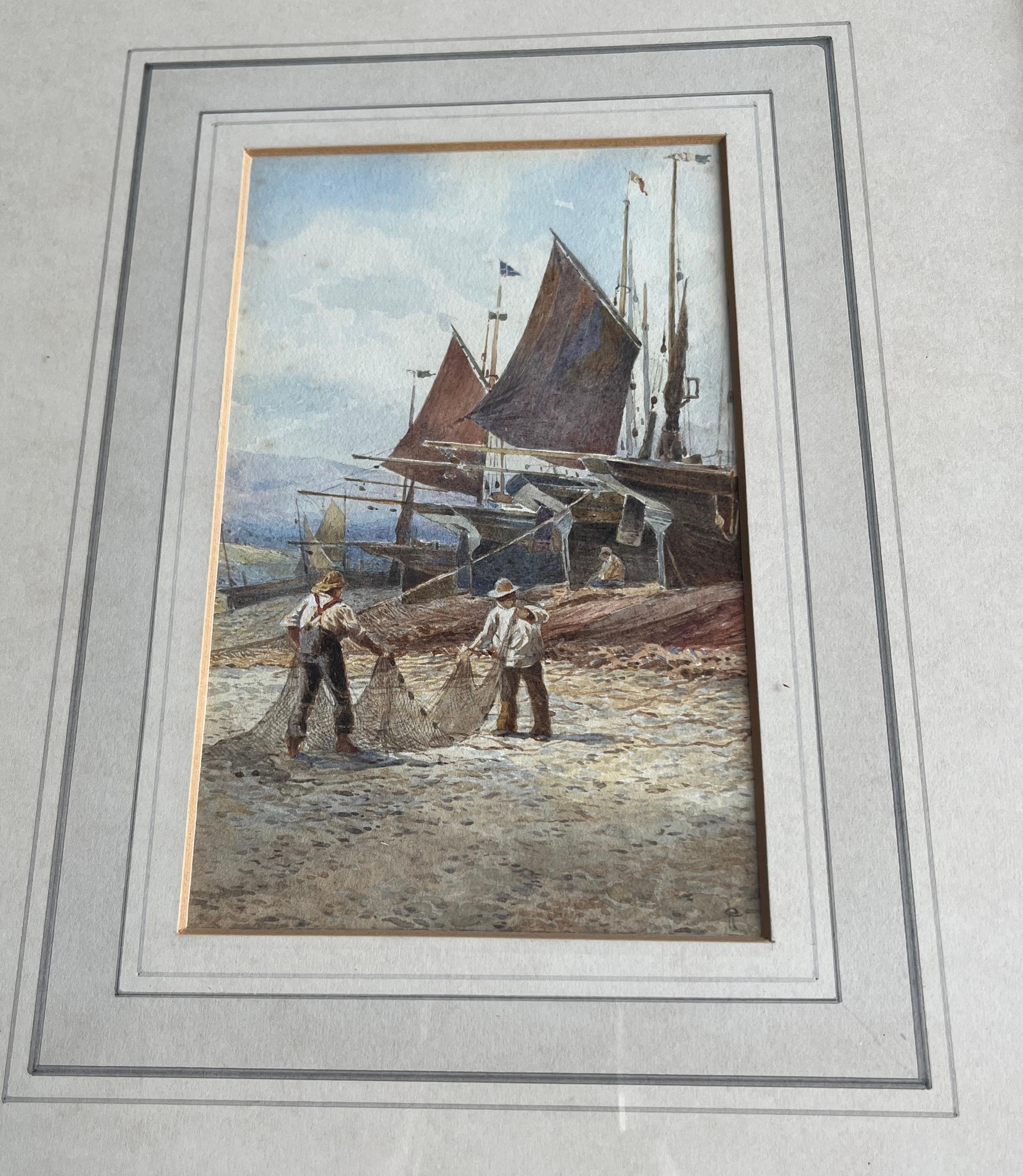 Dos acuarelas inglesas, Molino de viento de Norfolk; Pescadores remendando redes en la orilla en venta 1