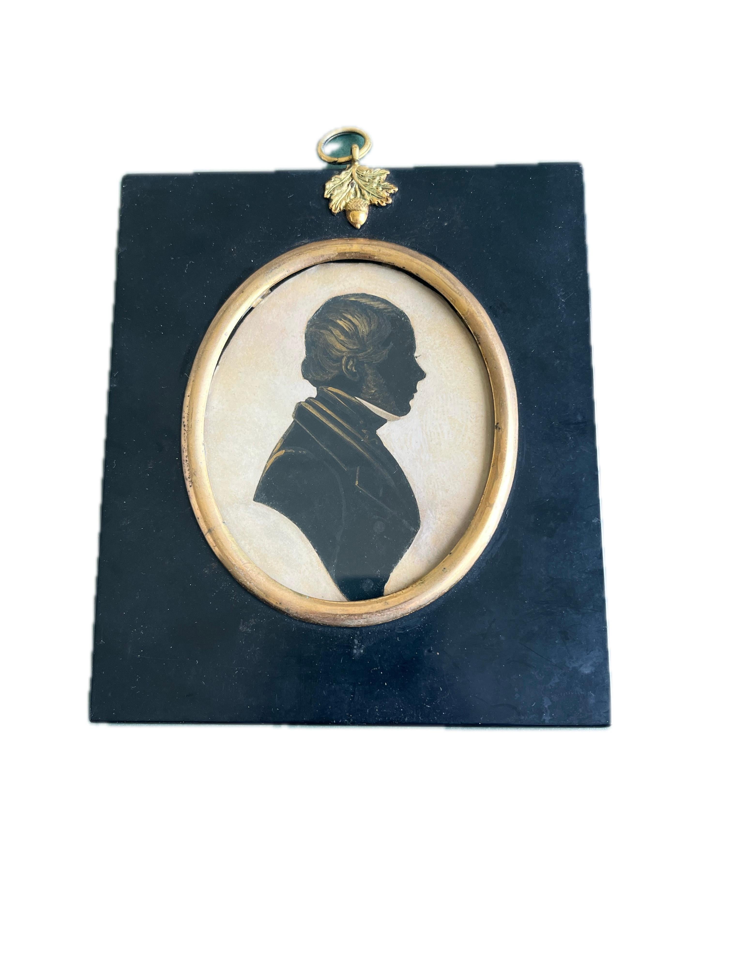 A finely detailed silhouette a Victorian gentleman

Peter Skeolan (1815-1871)
Portrait of a gentleman, profile to the right, wearing coat and cravat
Watercolour on gold highlighting on paper/card
Stencilled with artist's details to the reverse
3¼ x