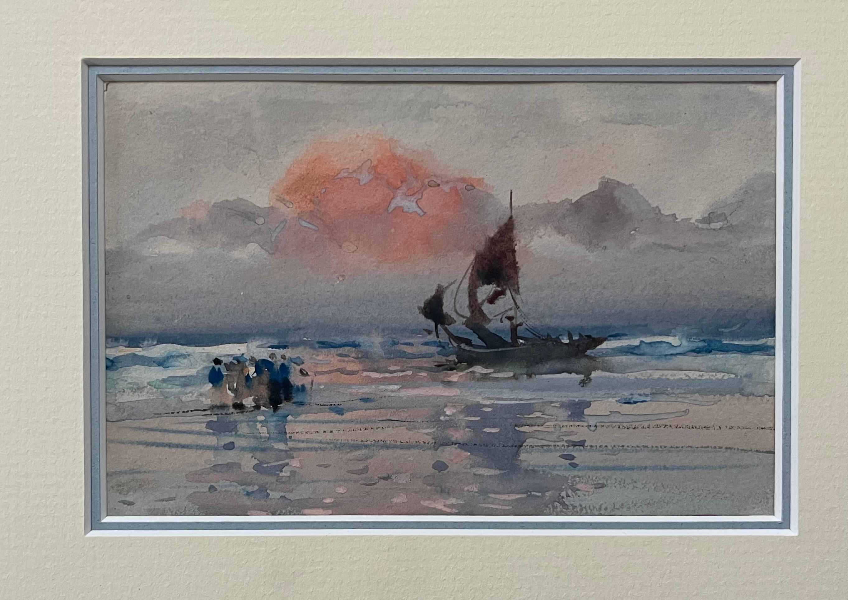 Frank Richards, Newlyn School, English Watercolor of figures on a Cornish beach