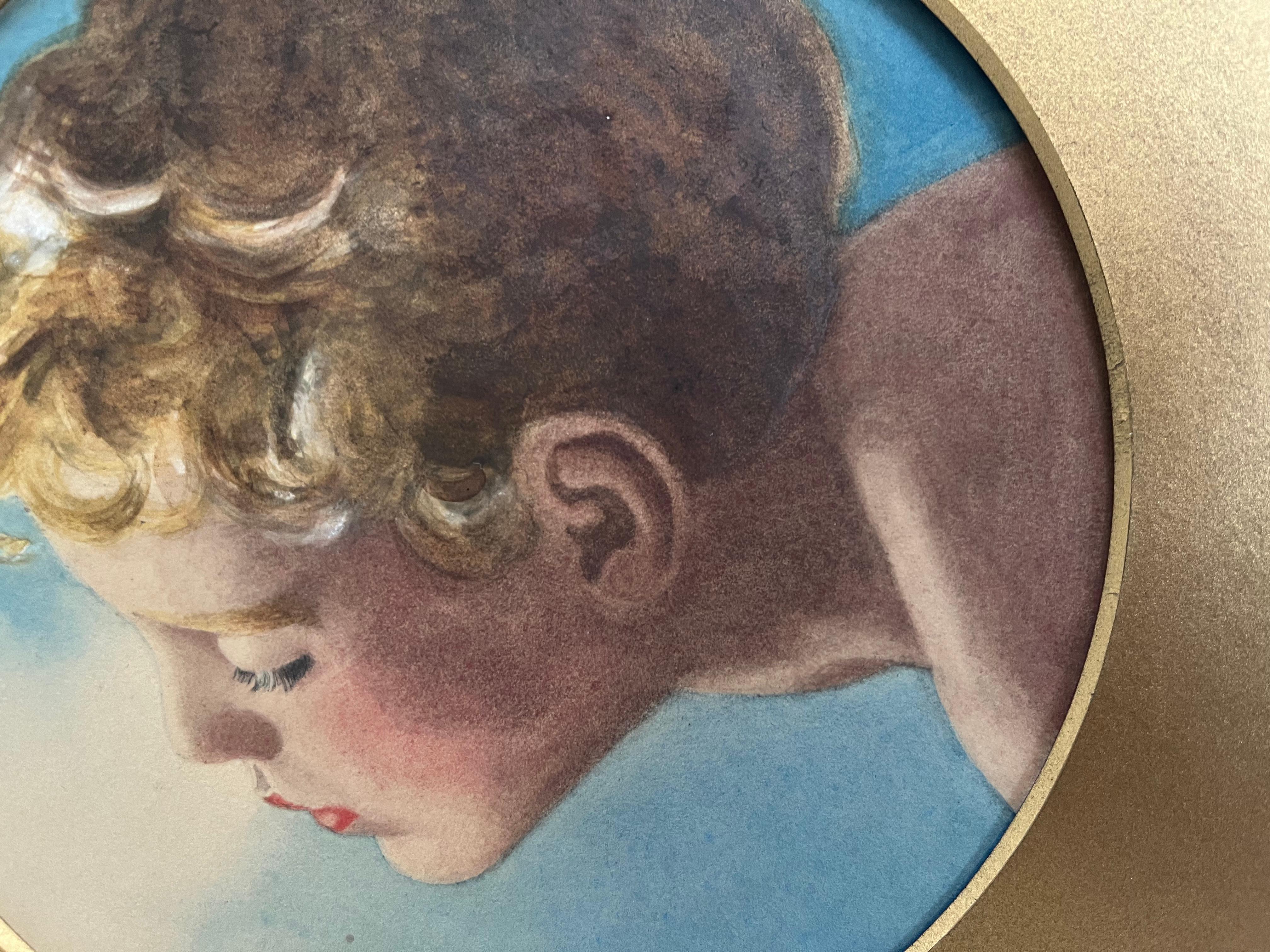 Une étude magnifiquement peinte d'un jeune garçon chérubin, sa tête aux cheveux d'or tournée vers le soleil, ses yeux fermés sentant sa chaleur. 

École préraphaélite, fin du XIXe siècle
Étude de la tête d'un garçon
Aquarelle avec des touches de