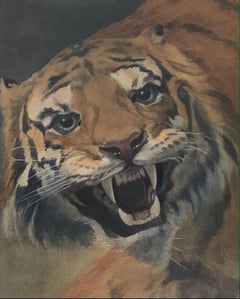 Antique James Exley, Roaring Tiger watercolour