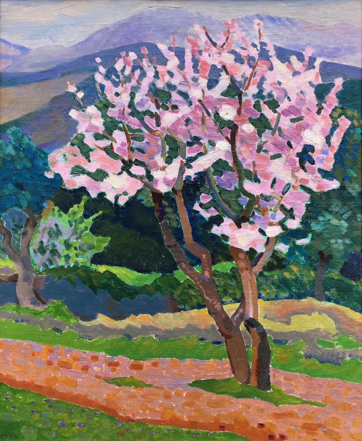 Ernest Yarrow Jones (1872-1951)
Almond blossom with the mountains beyond, Corsica,
Signed,
Oil on canvas,
21½ x 18¼ inches

The artist produced a beautiful series of blossom studies during his visit to Corsica in 1910. He exhibited the paintings
