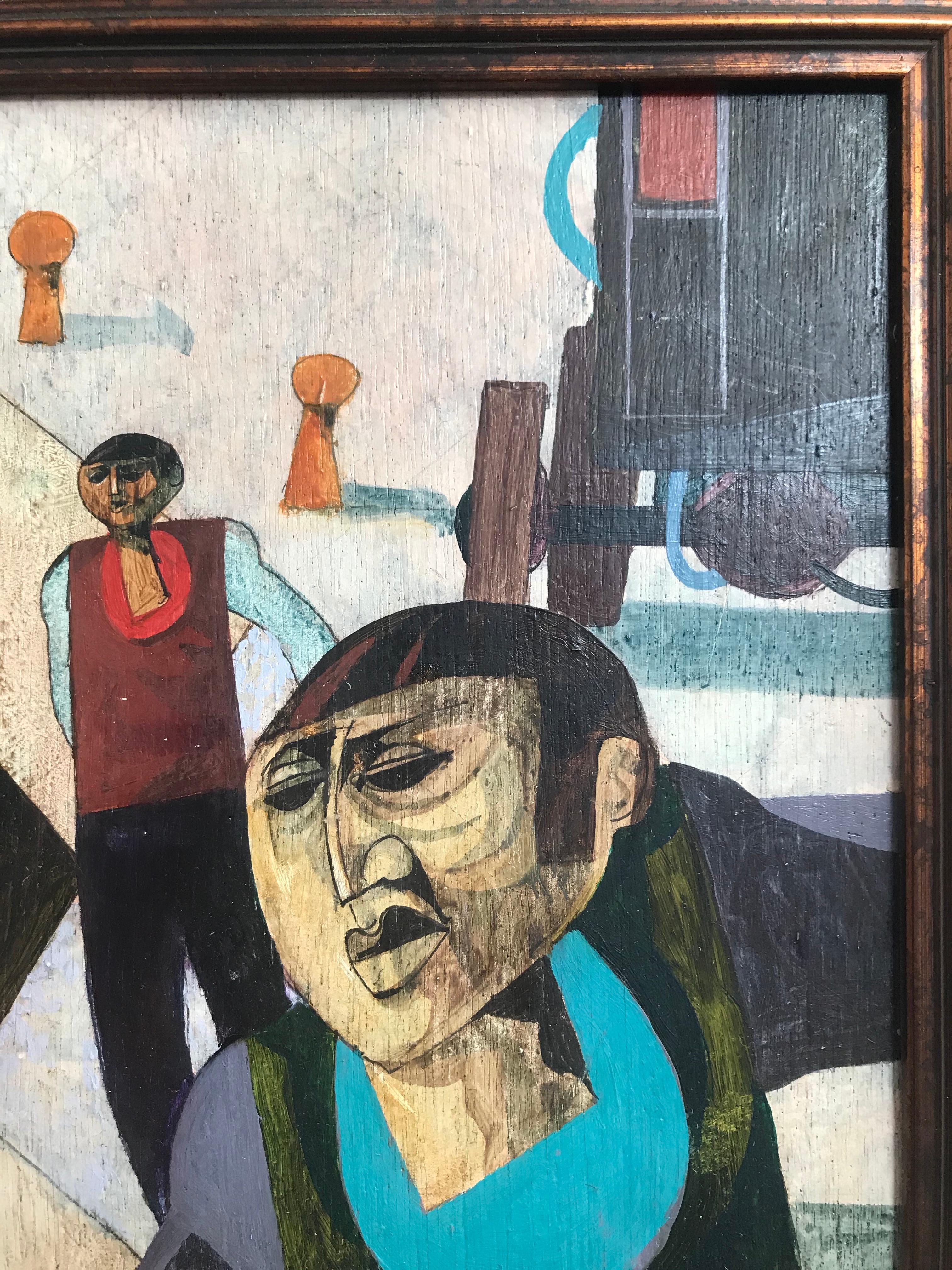 George Large, Cubist oil of fishermen in harbour 1