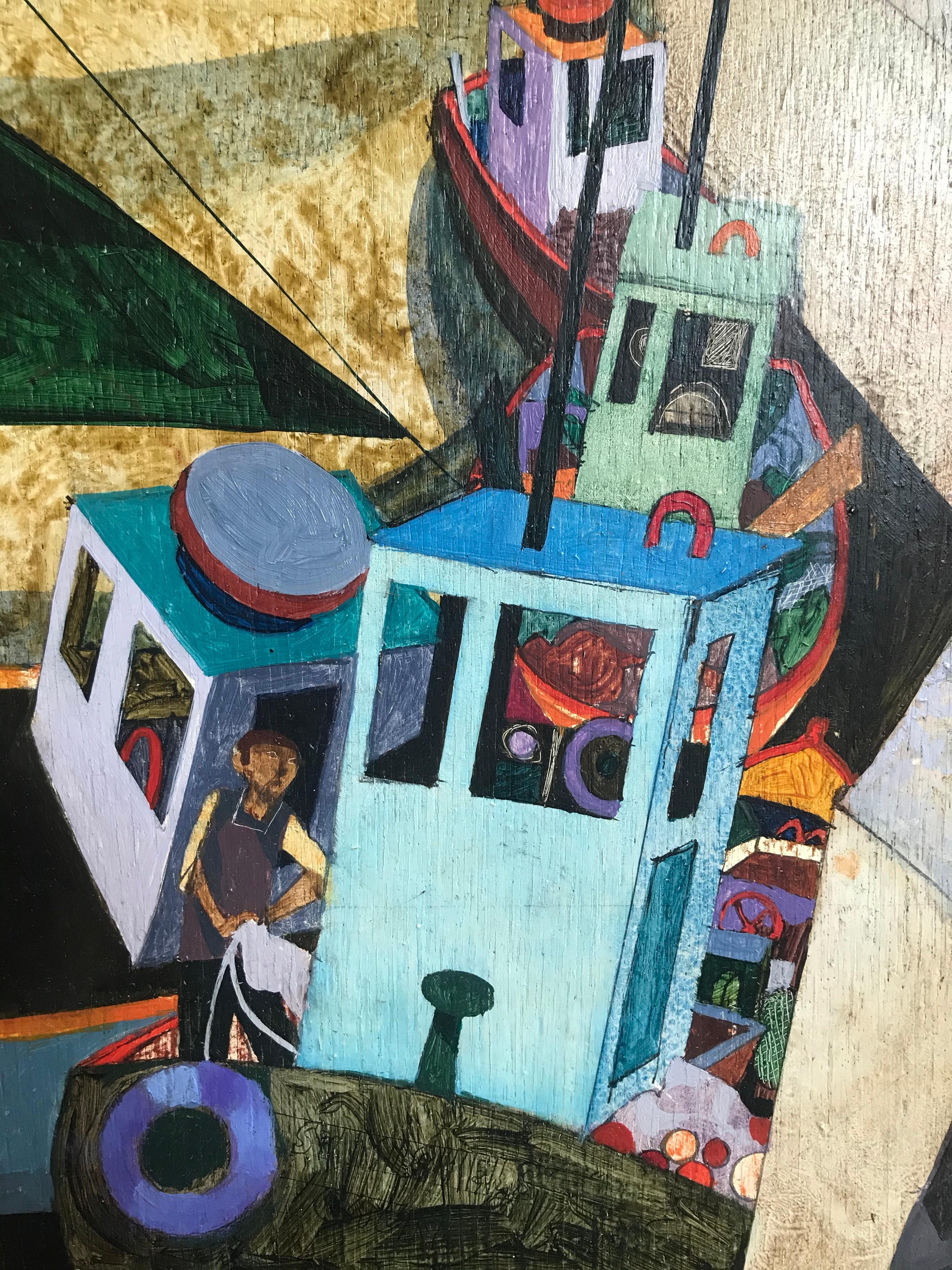 George Large, Cubist oil of fishermen in harbour 2