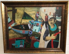George Large:: huile cubiste représentant des pêcheurs dans un port