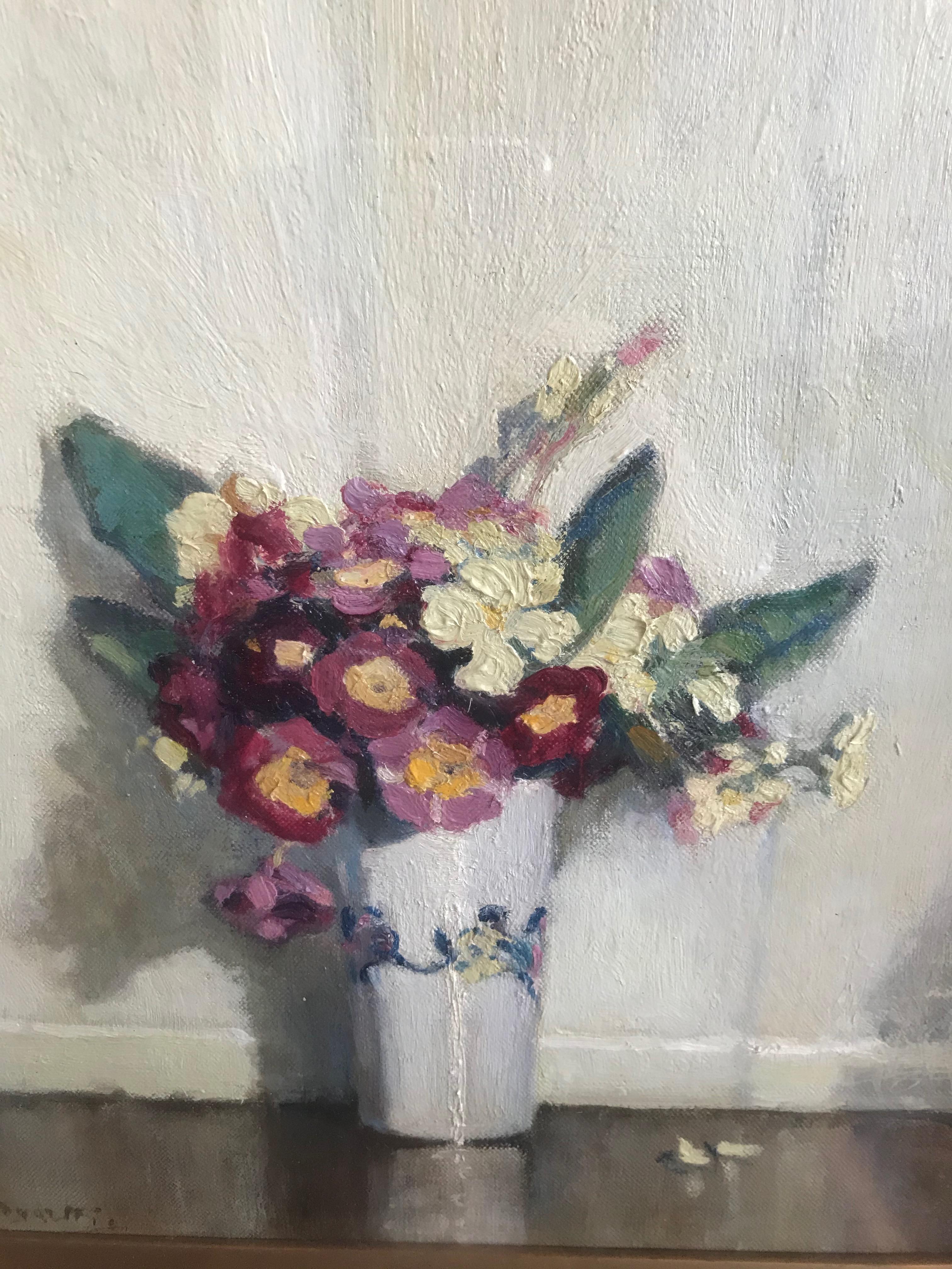 Lizzie Hogarth (1879-1953)
Still life of primulas in a vase,
signed,
oil on canvas,
15 x 11 inches

This beautifully presented still life brings to mind the work of Sir William Nicholson with the skilful capture of reflections and the sparse