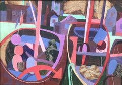 George Large, peinture cubiste à l'huile de bateaux de plage