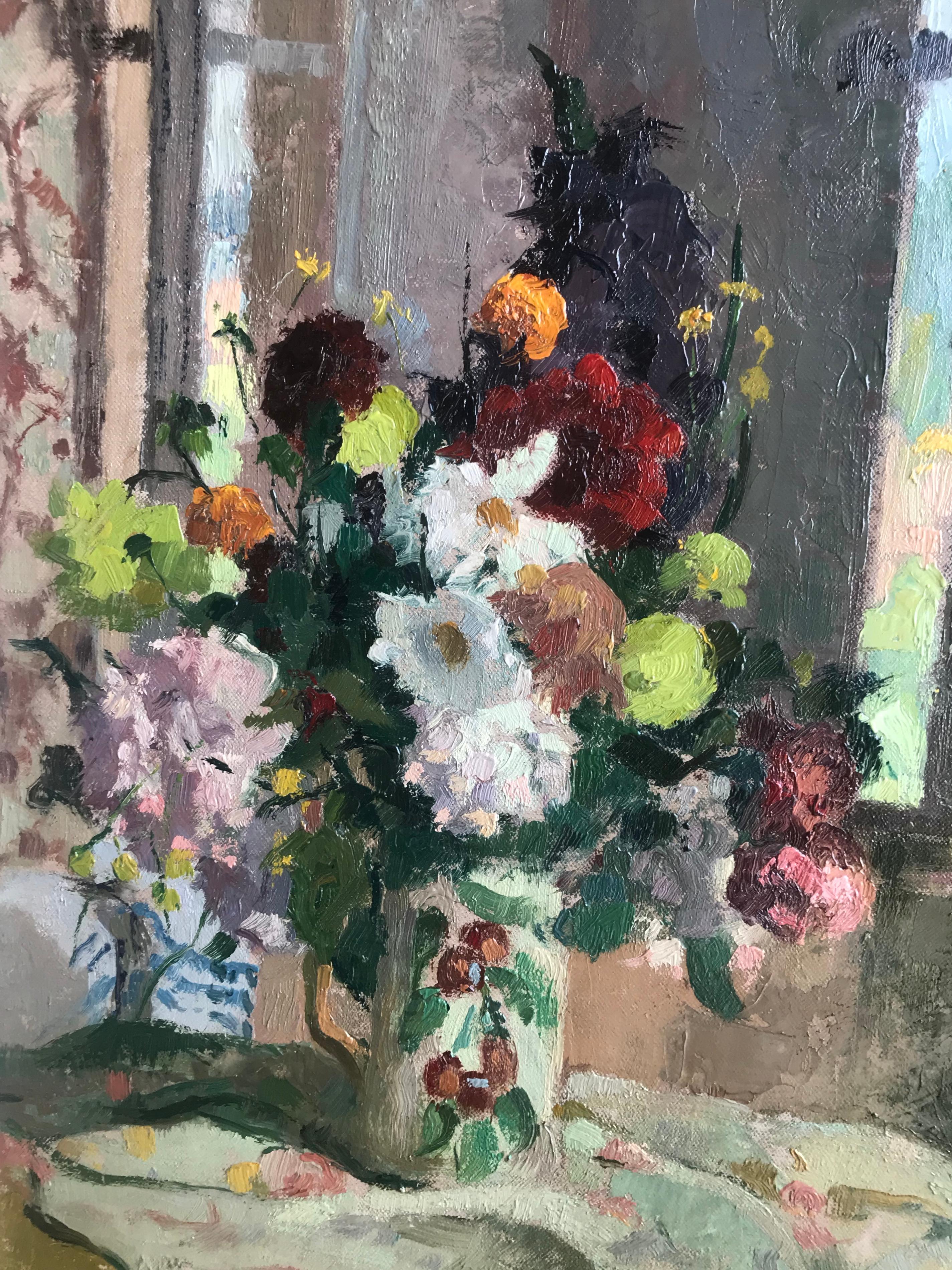 Louis Charrat (1903-1971)
A still life of summer flowers by a window
Signed
Oil on canvas
18 x 15 inches

A really joyful explosion of colour and painterly flourishes with a vase of summer flowers on a table cloth and a glimpse of a sunlit garden