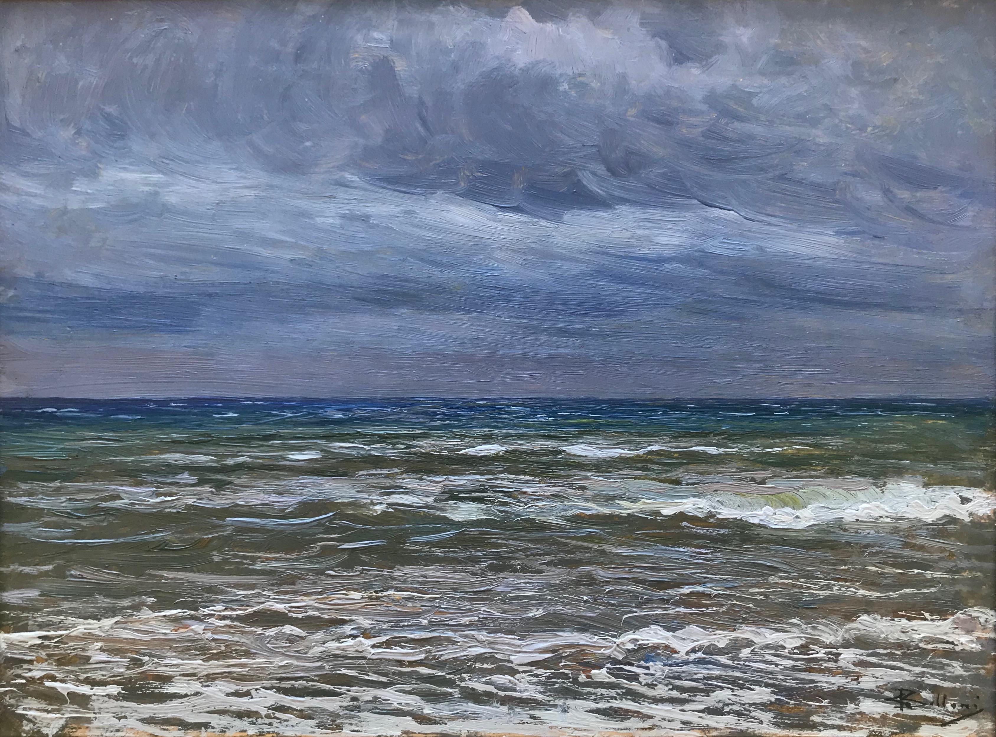 Giorgio Belloni (1861-1944)
Calma,
Signed,
Oil on panel,
11½ x 15¾ inches

A wonderfully atmospheric and meticulously observed seascape by this master of marine painting. A masterclass in plein air painting with fabulous brushwork and