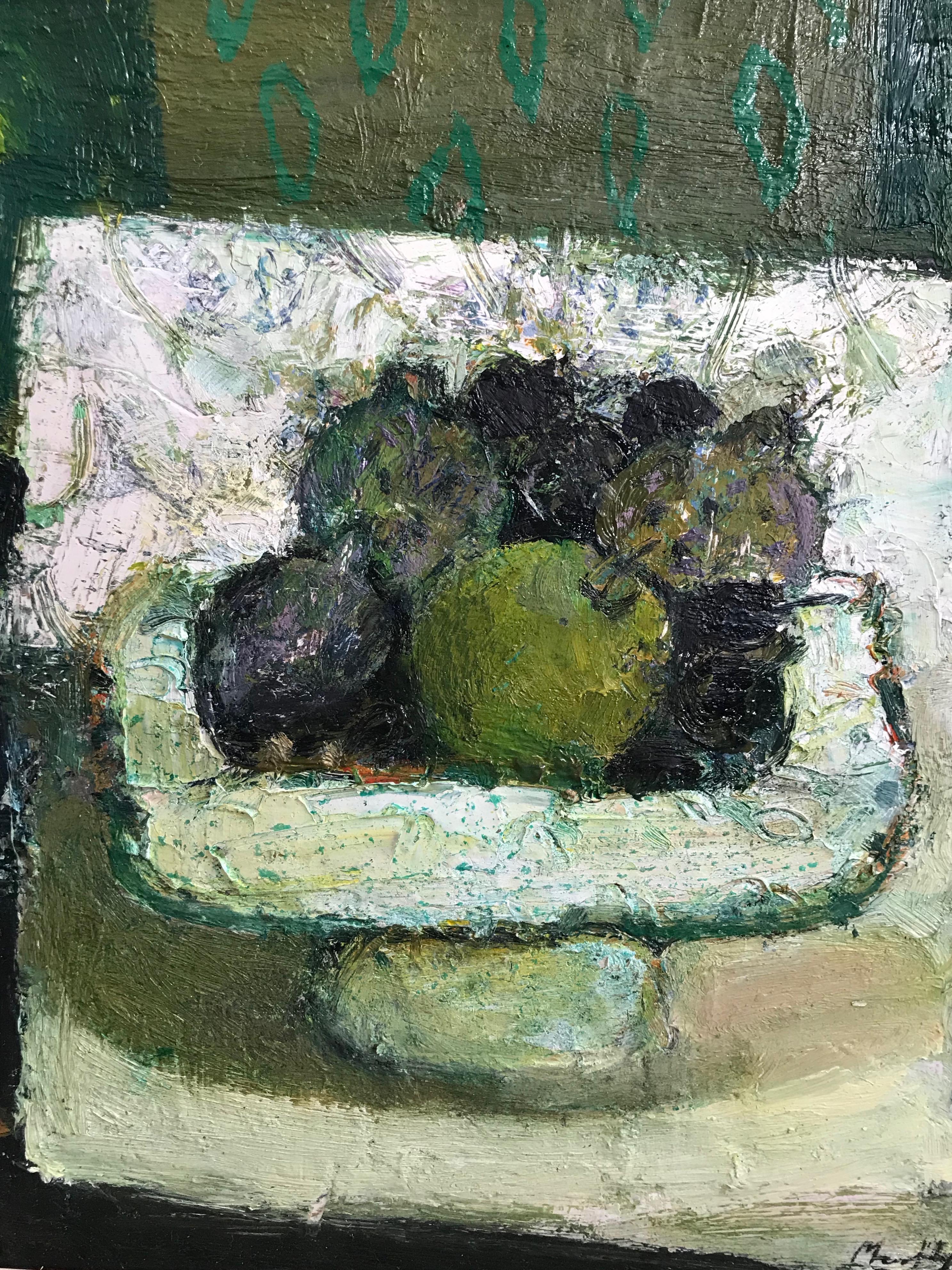 Sandy Murphy (born 1956)
A still life of apples
Signed
Oil on board
13 x 14¼ inches

A very striking image with attractive green tones and fabulous paint texture.
​
Sandy Murphy is a contemporary Scottish artist and was born in Ayrshire, Scotland in
