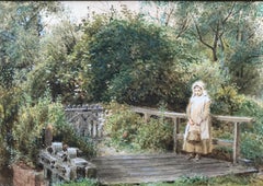 Alfred W Cooper, Young girl by a bridge, Victorian watercolor